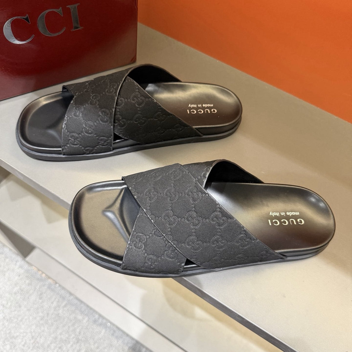 Gucci Black Crisscross Strap Slide Sandals — front