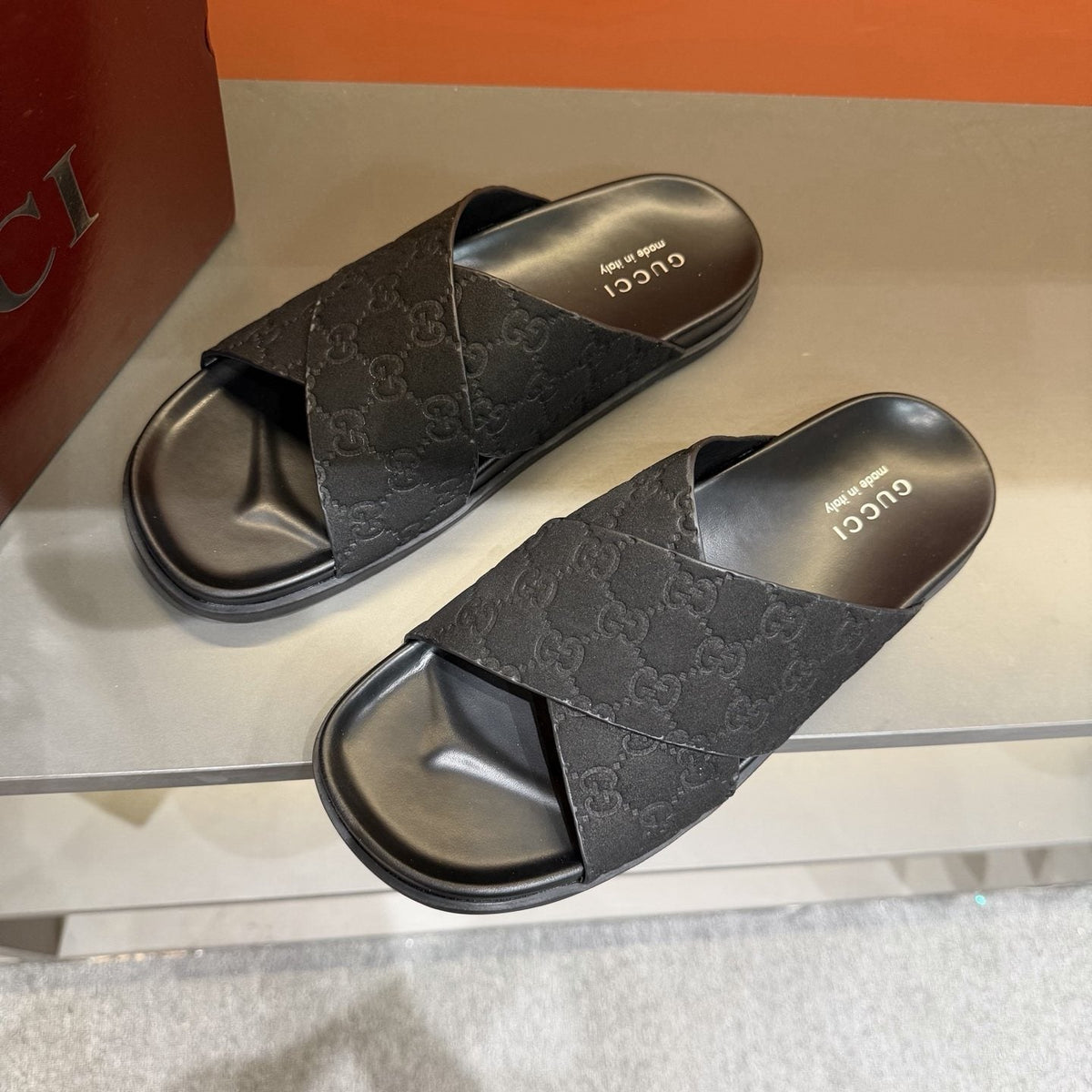Gucci Black Crisscross Strap Slide Sandals — front