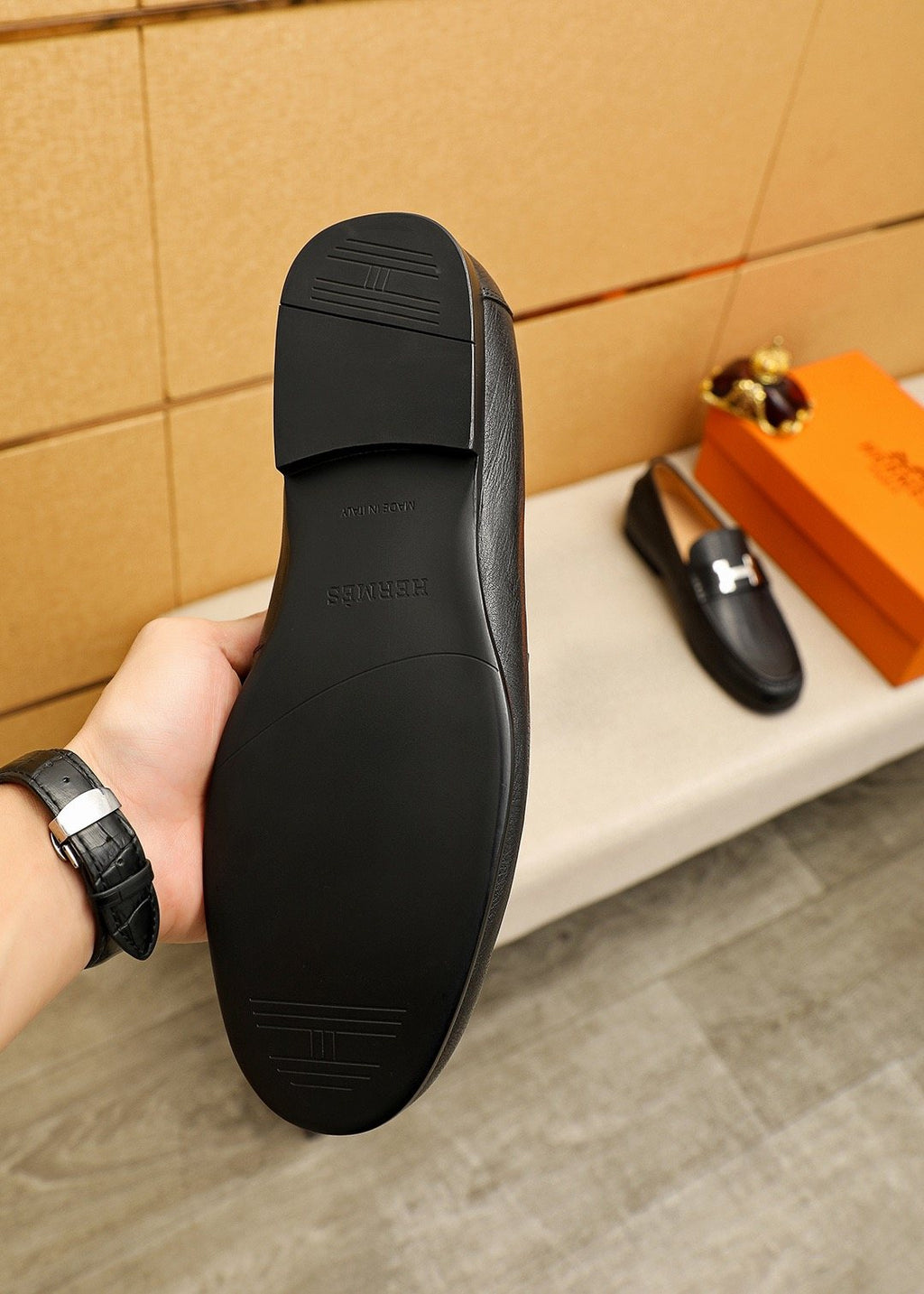 Hermès Black H-Hardware Loafers — detail