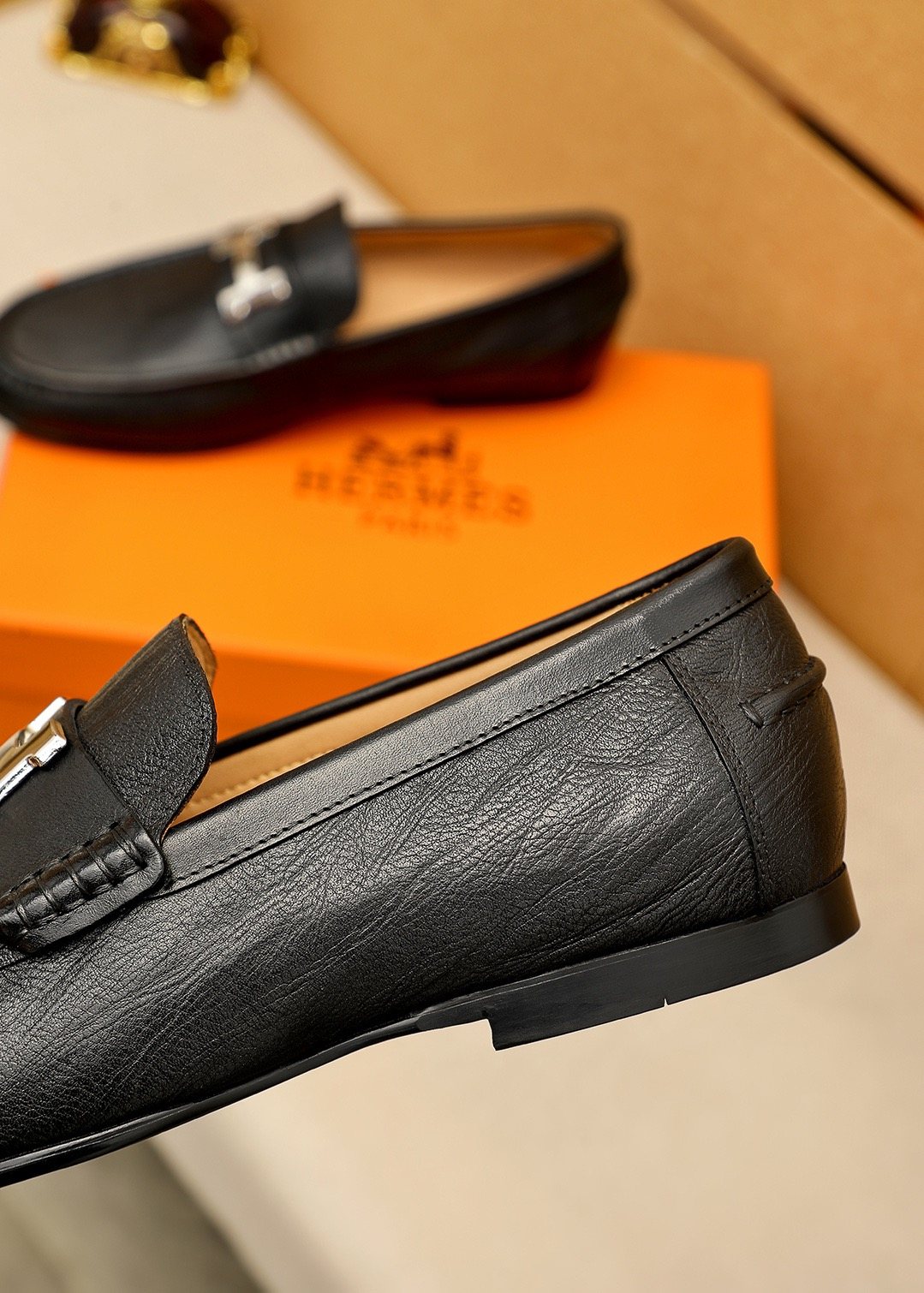 Hermès Black H-Hardware Loafers — detail