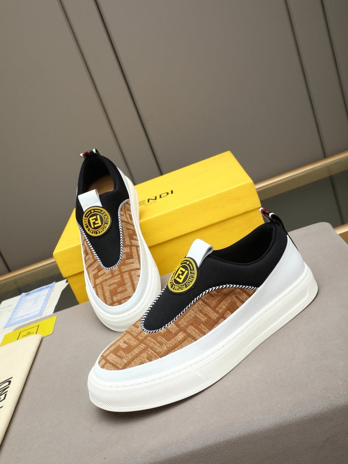 Fendi Brown Patterned Slip-On Sneakers — front