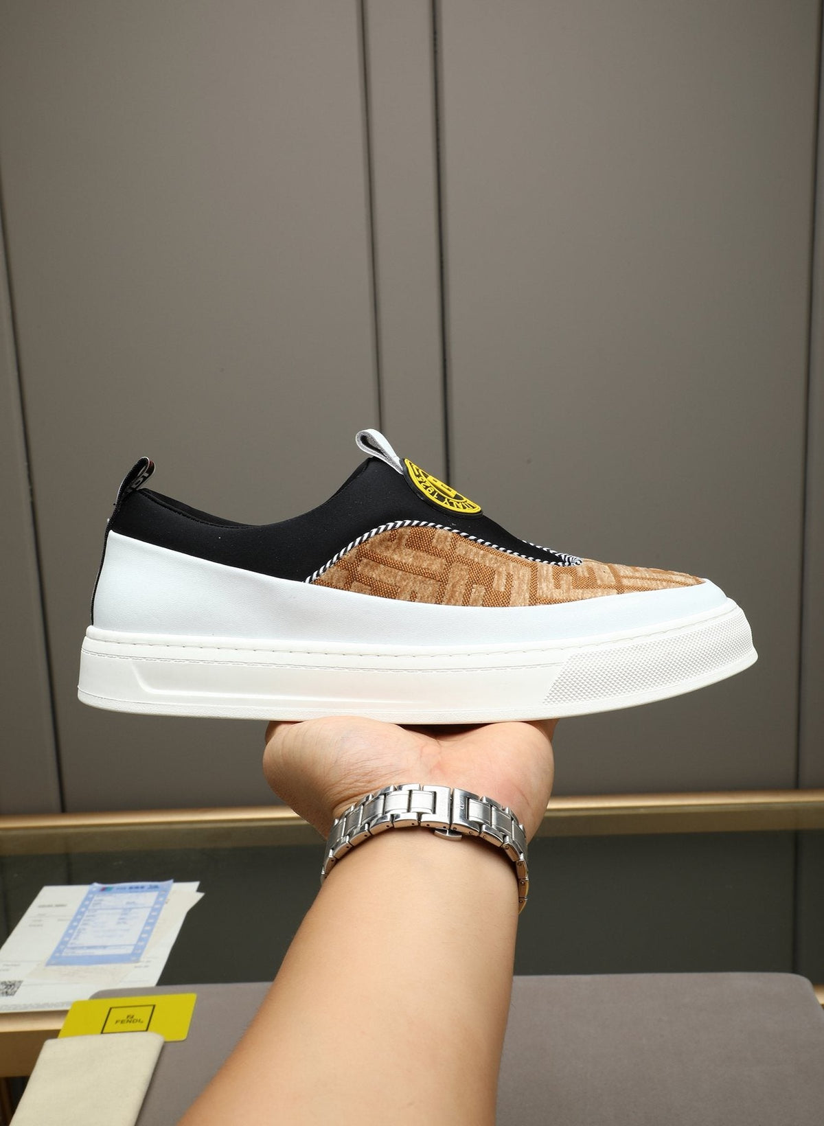 Fendi Brown Patterned Slip-On Sneakers — front