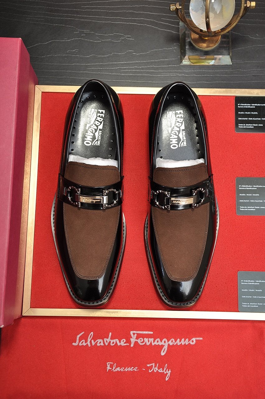 Ferragamo Black & Brown Metal Bit Loafers — front