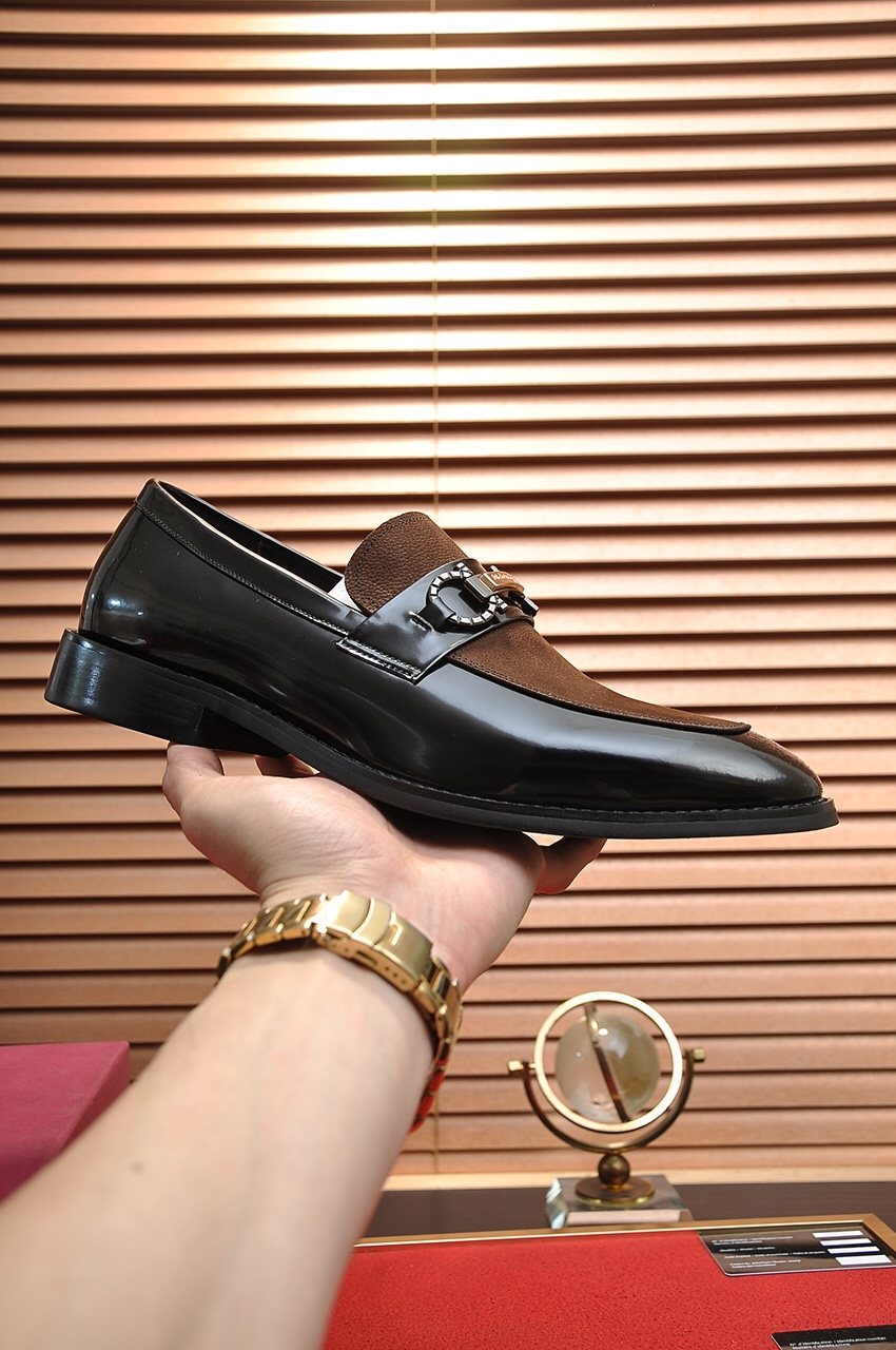 Ferragamo Black & Brown Metal Bit Loafers — side