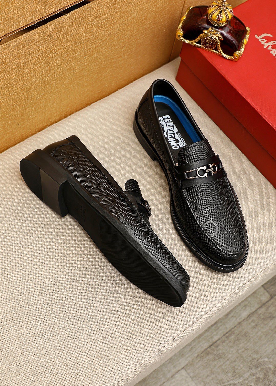 Ferragamo Black Embossed Buckle Loafers — front