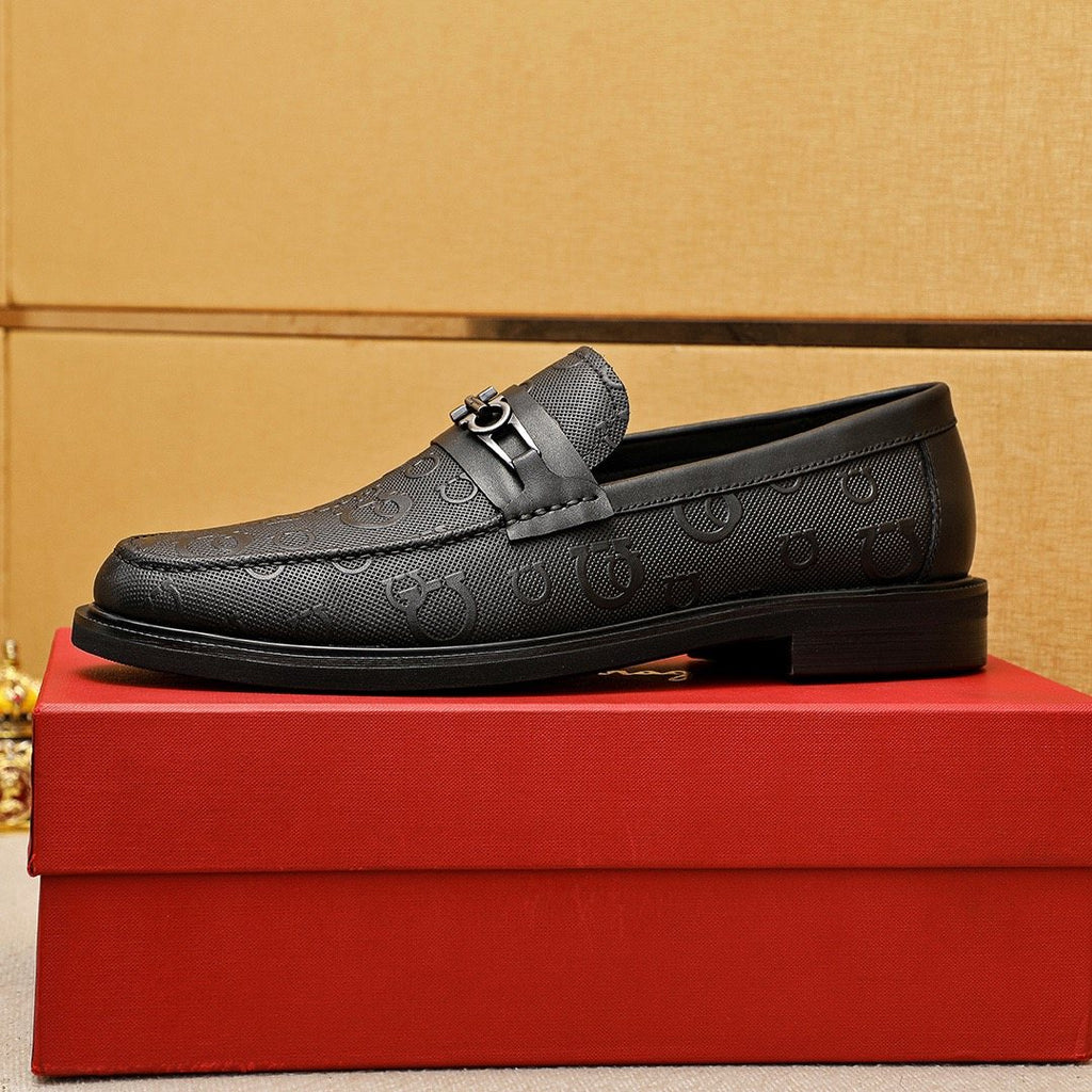 Ferragamo Black Embossed Buckle Loafers — side