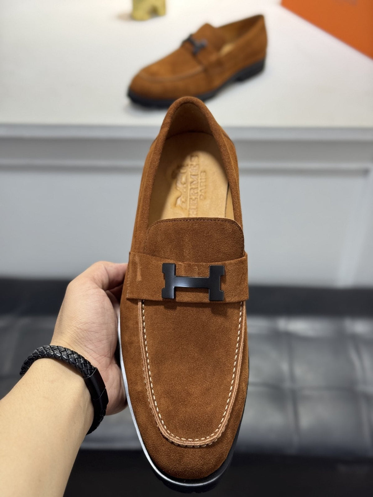 Hermès Brown Leather Lug-Sole Loafers — front