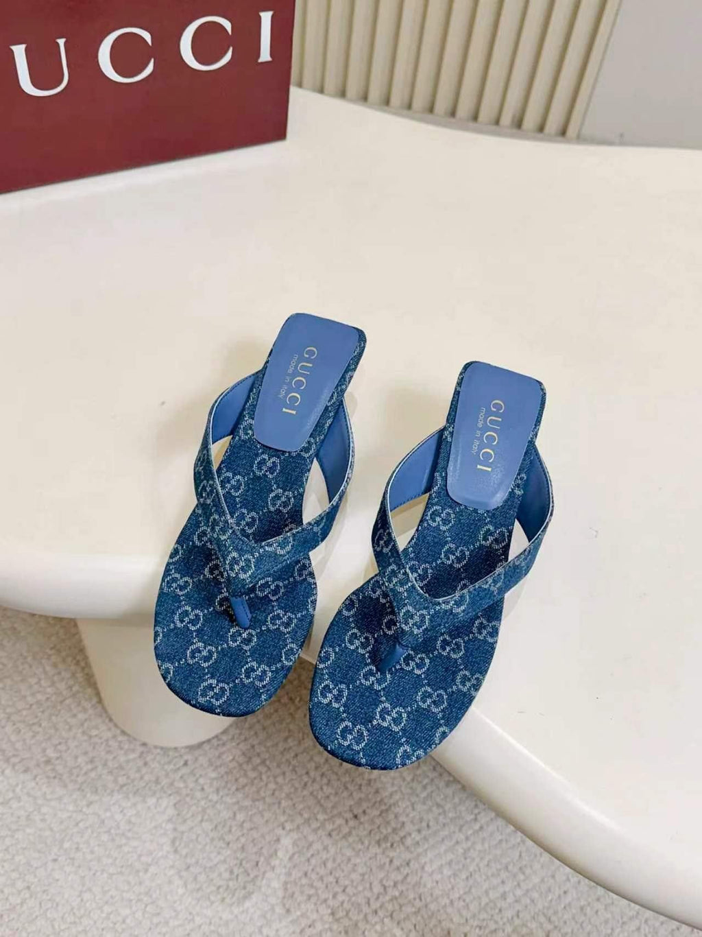 Gucci Blue Monogram Slingback Sandals — side