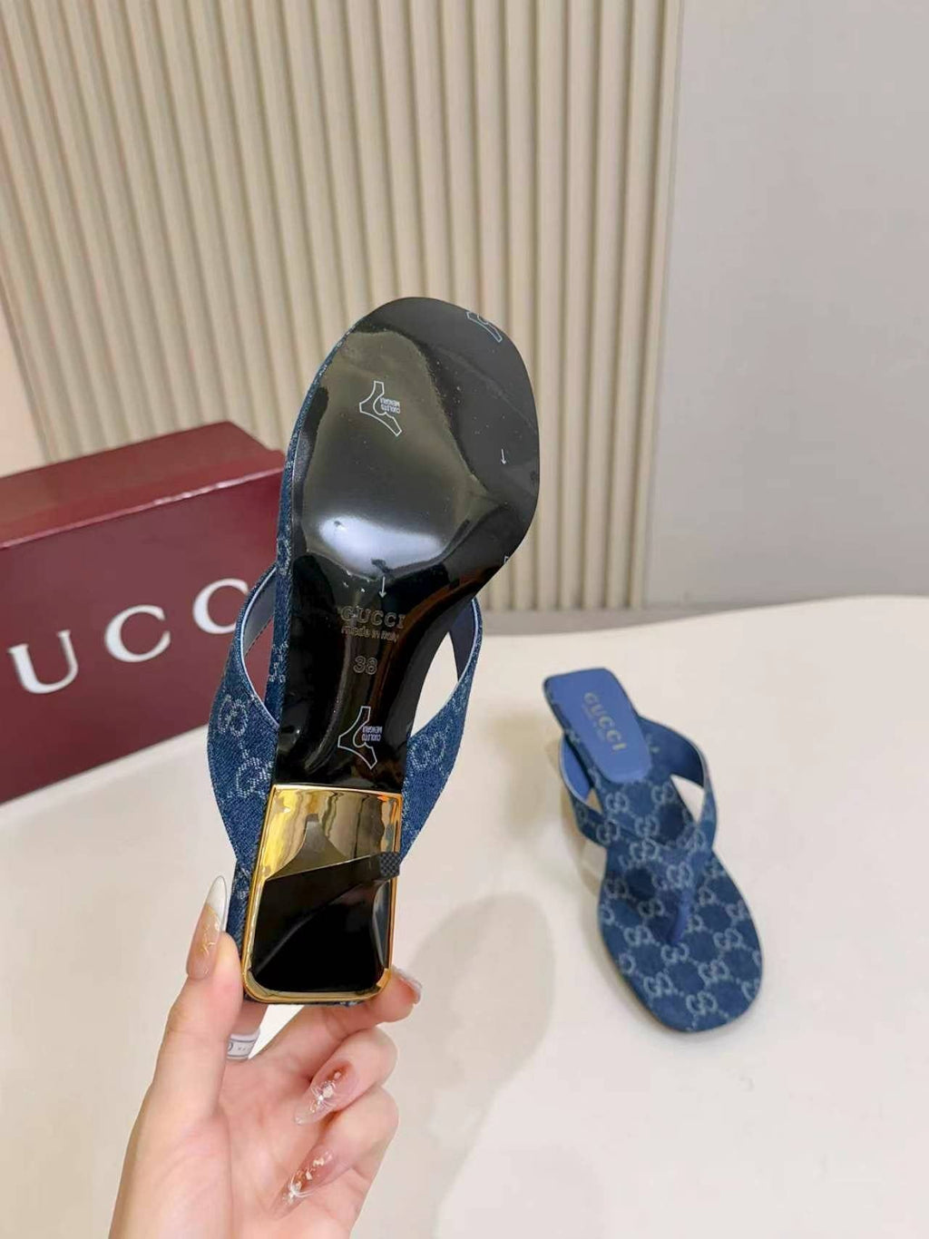 Gucci Blue Monogram Slingback Sandals — detail