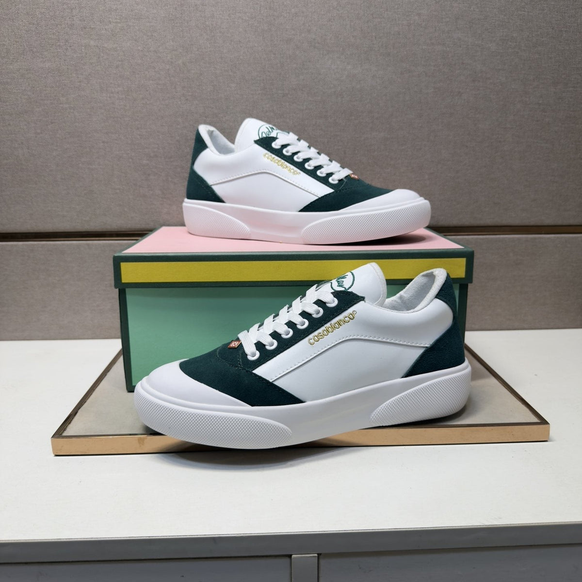 CASA BLANCA White and Dark Green Sneakers — front