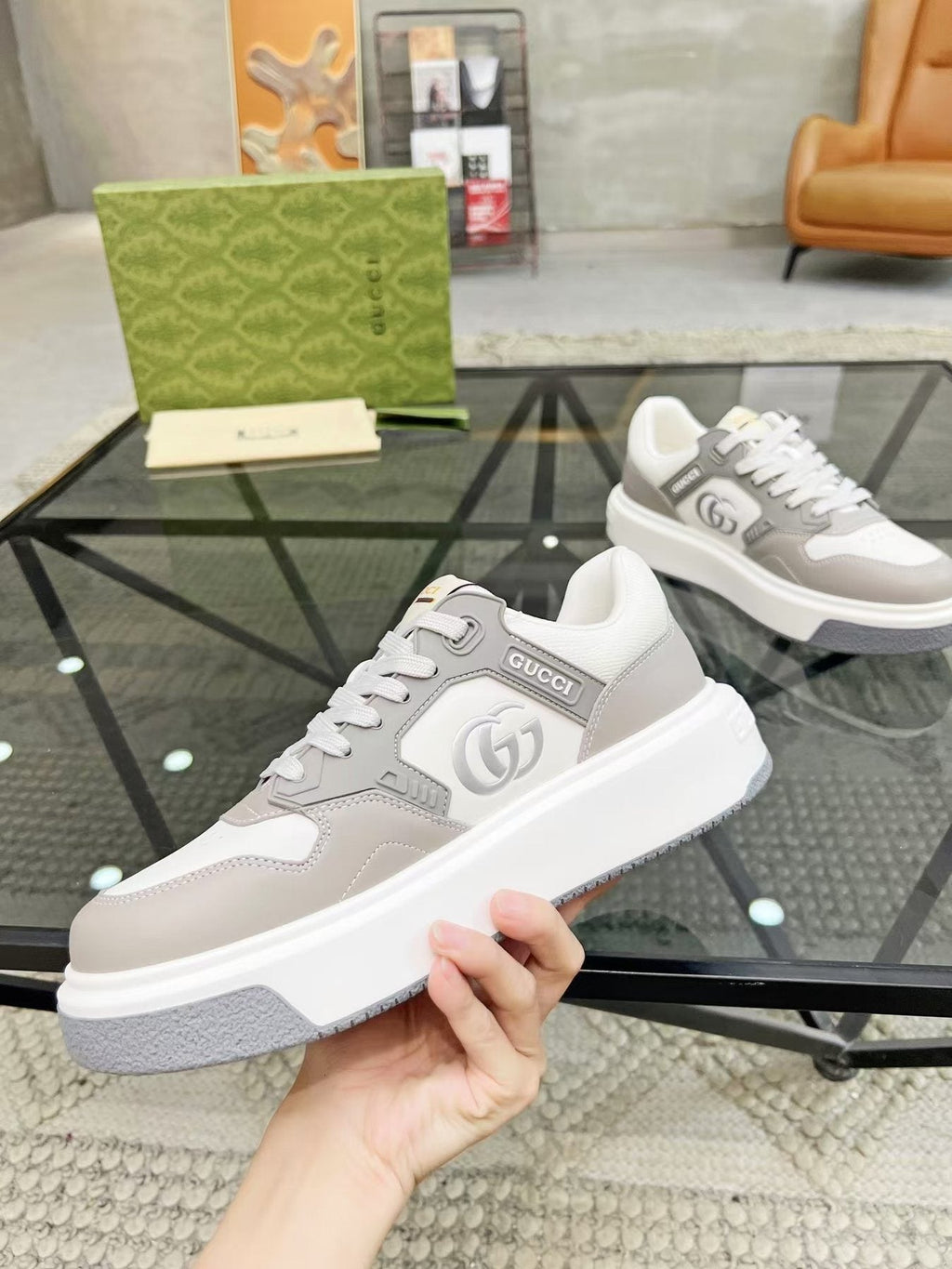 Gucci White and Light Gray Low-Top Sneakers — side