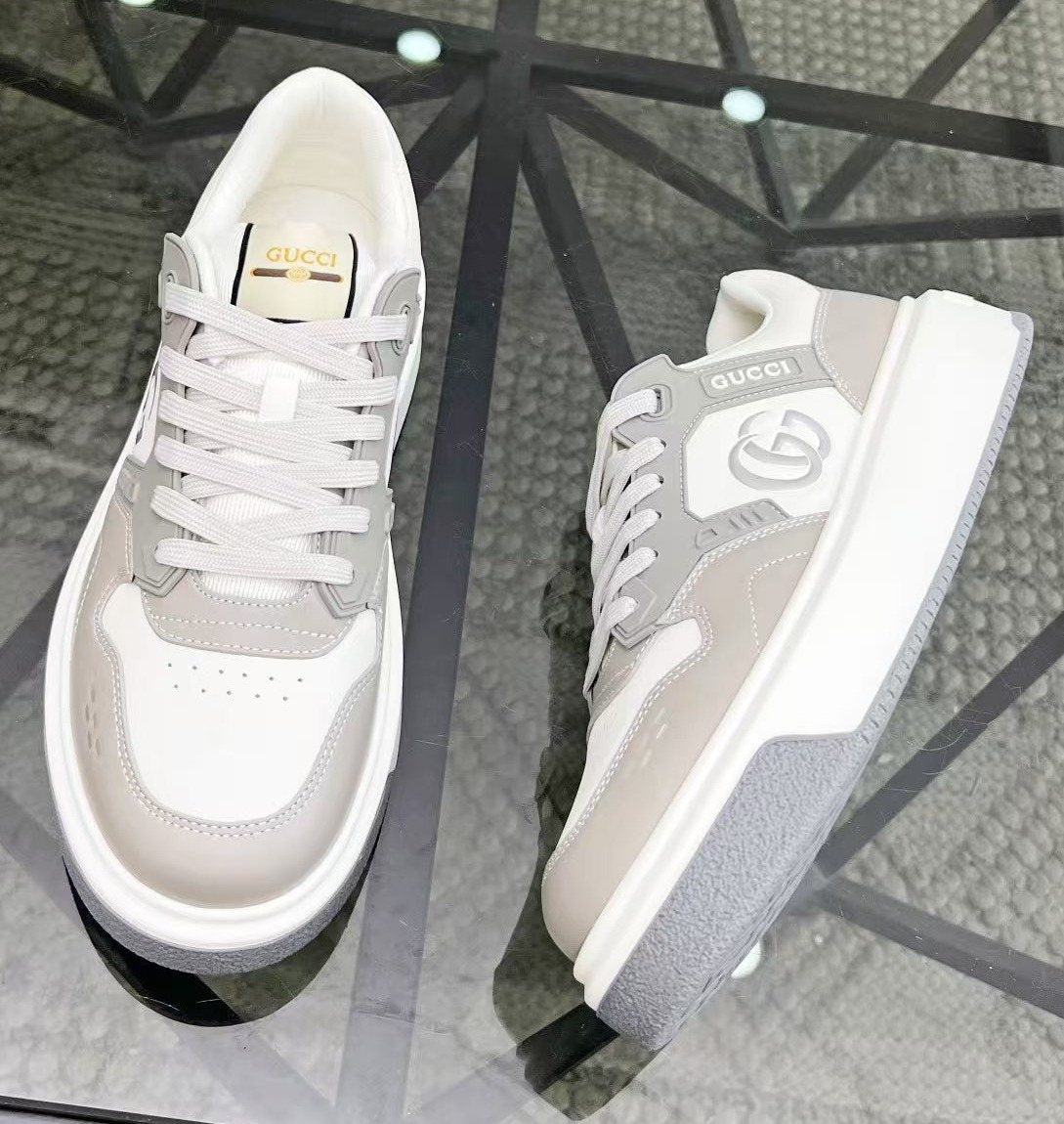 Gucci White and Light Gray Low-Top Sneakers — front