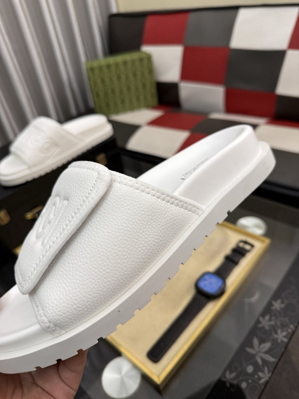 Gucci White Embossed Slide Sandals — front