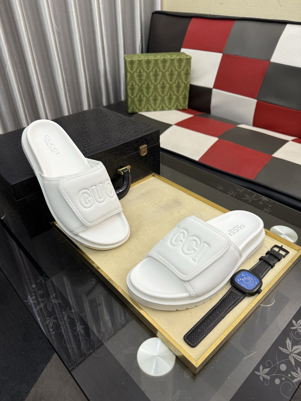 Gucci White Embossed Slide Sandals — front