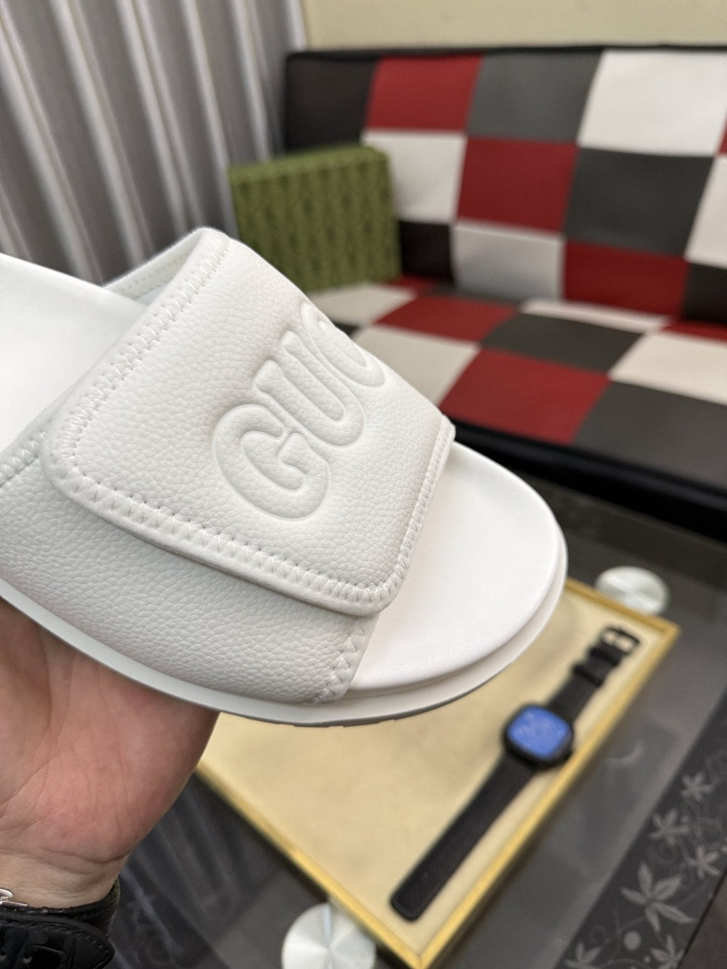 Gucci White Embossed Slide Sandals — detail