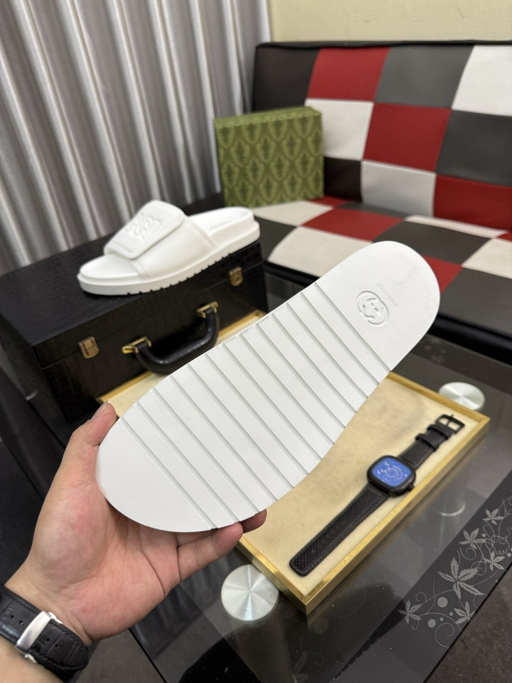 Gucci White Embossed Slide Sandals — side