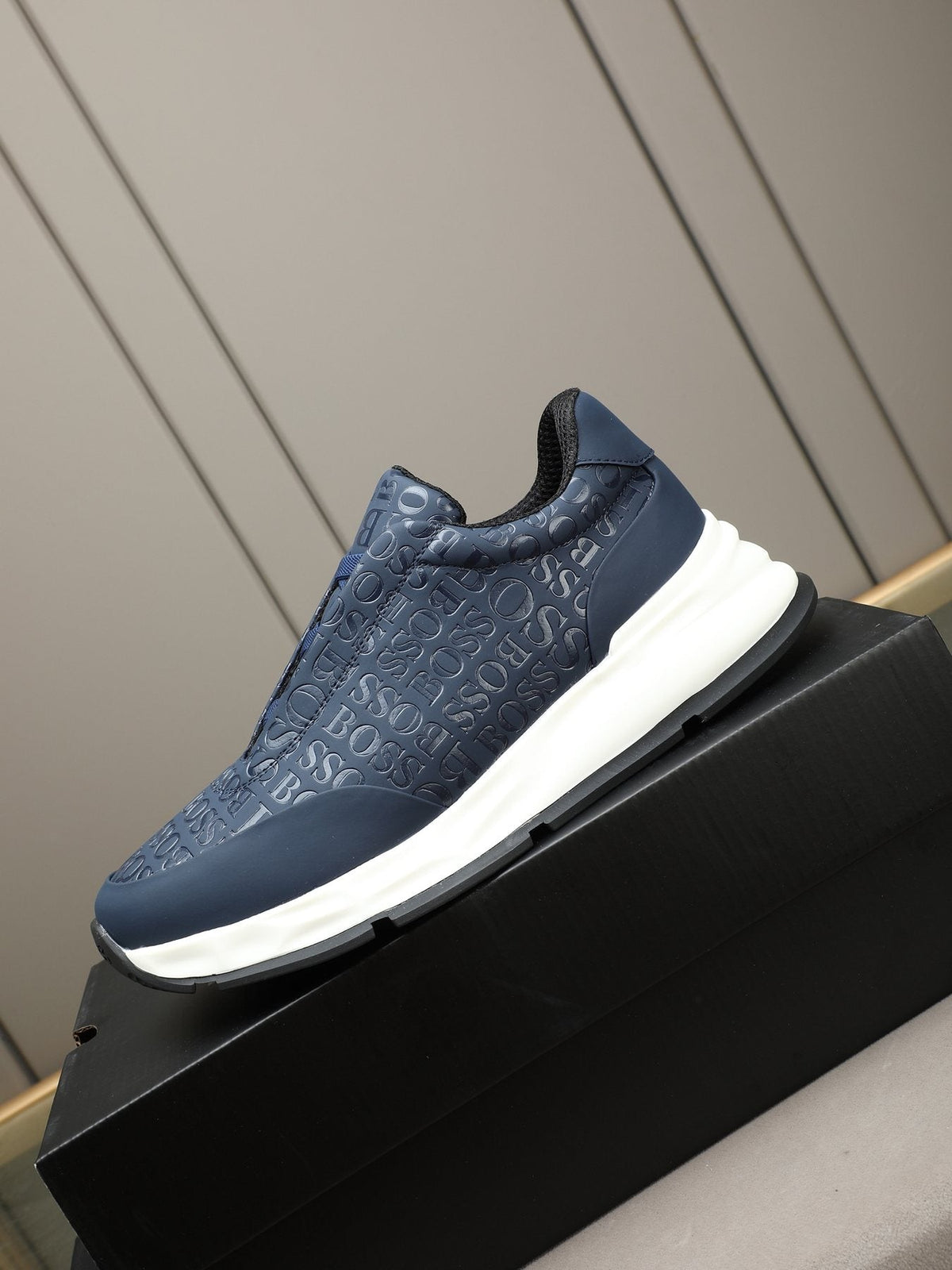 BOSS Navy Textured Slip-On Sneakers — side