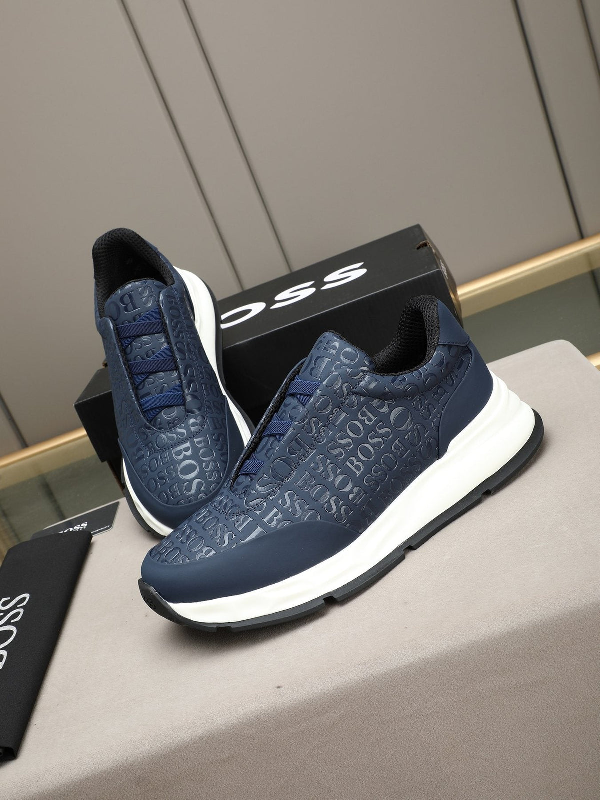BOSS Navy Textured Slip-On Sneakers — front
