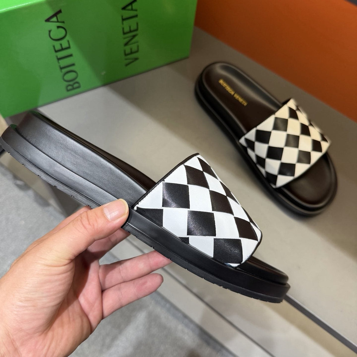 Bottega Veneta Checkerboard Slide Sandals — model