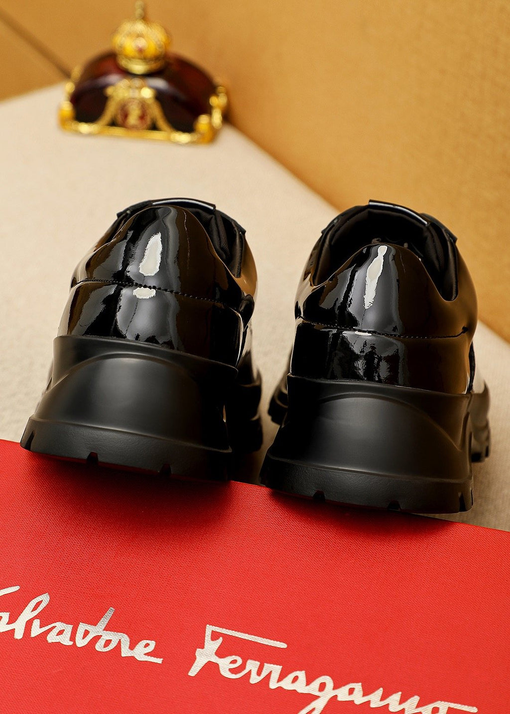 Ferragamo Black Patent Lace-Up Shoes — back