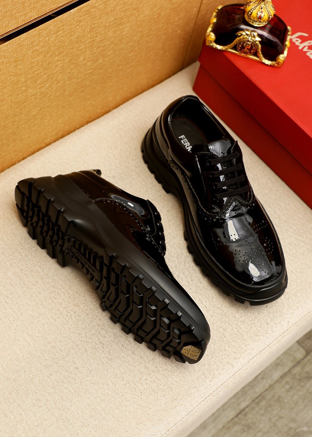 Ferragamo Black Patent Lace-Up Shoes — front