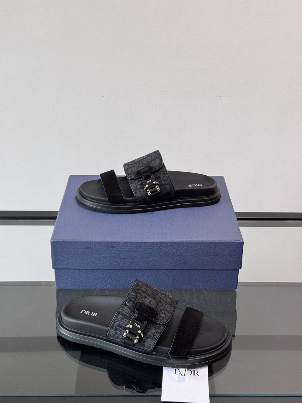 Dior Dark Gray Patterned Slide Sandals — side