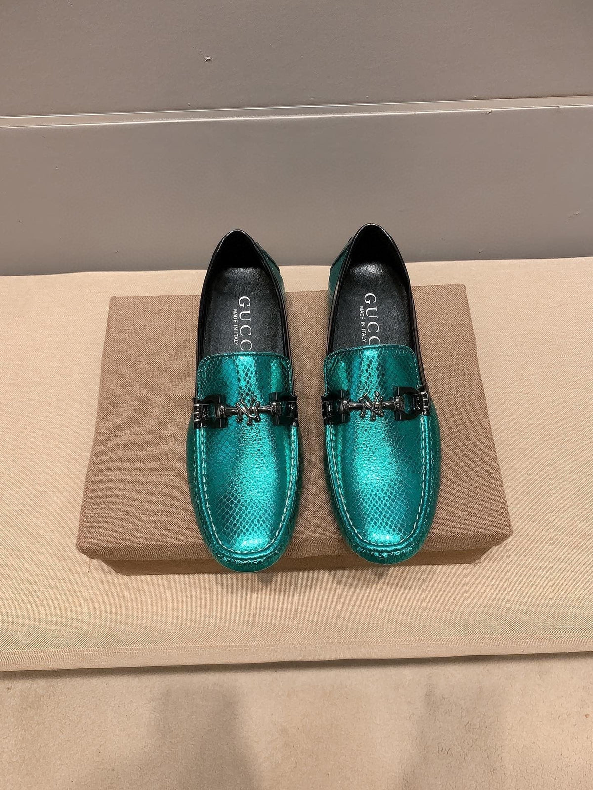 Gucci Metallic Teal Horsebit Loafers — hero
