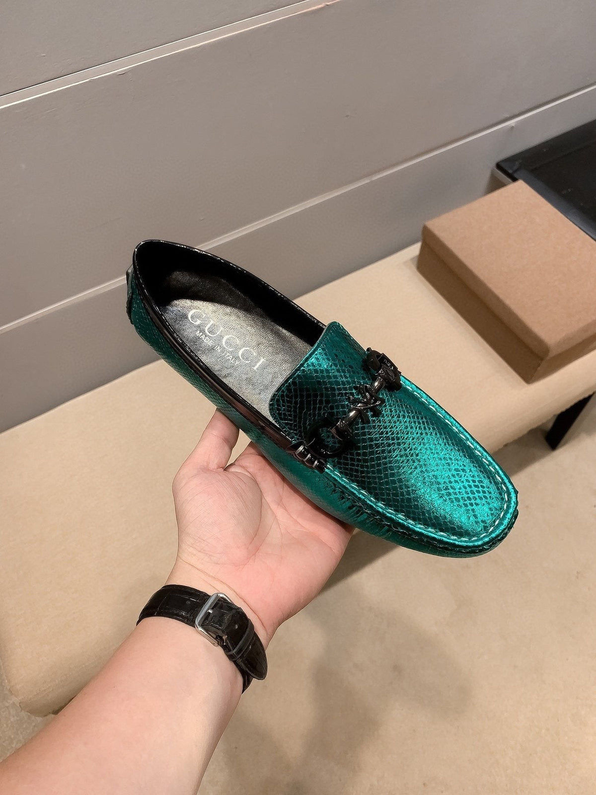Gucci Metallic Teal Horsebit Loafers — front