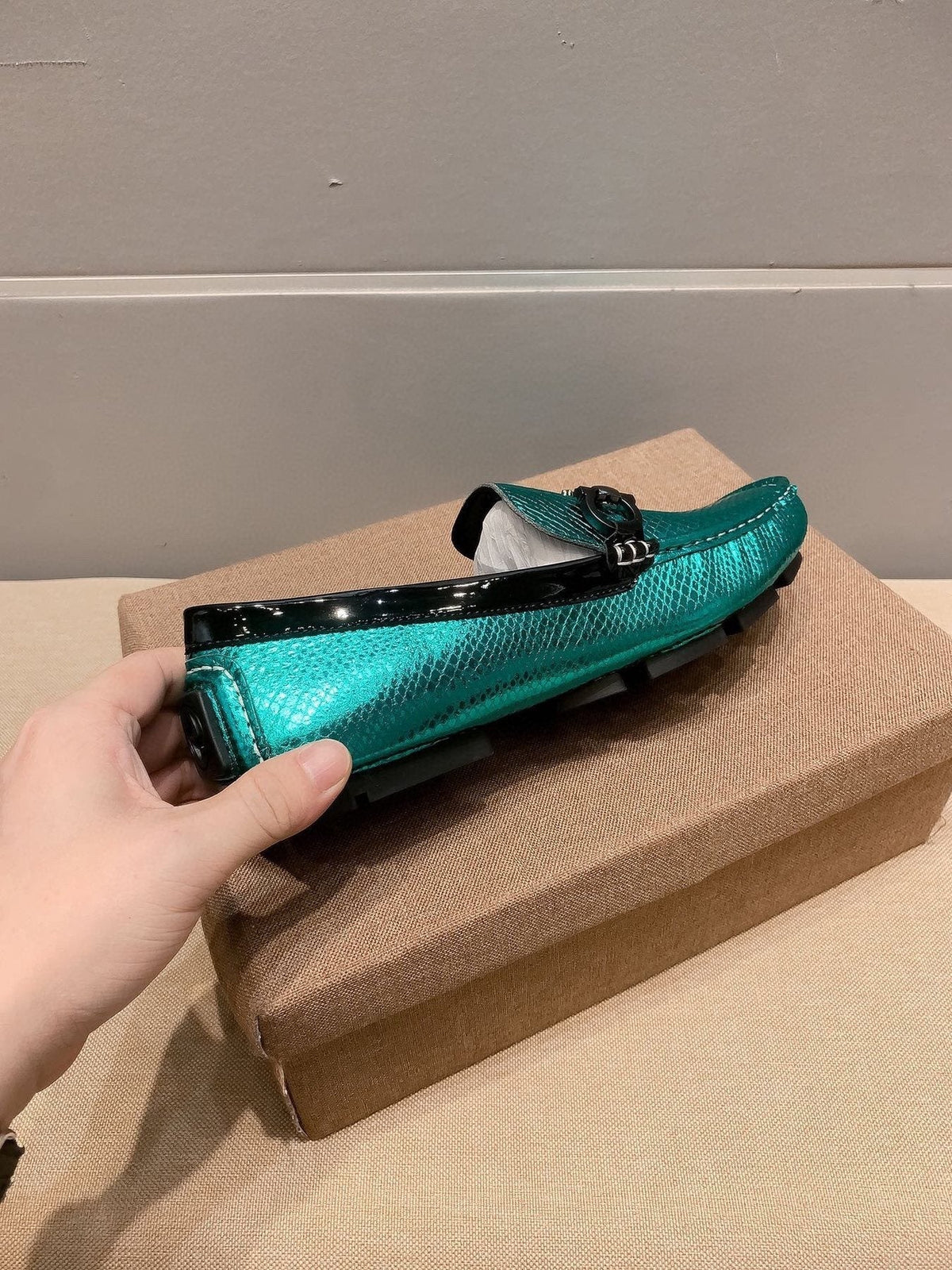 Gucci Metallic Teal Horsebit Loafers — side