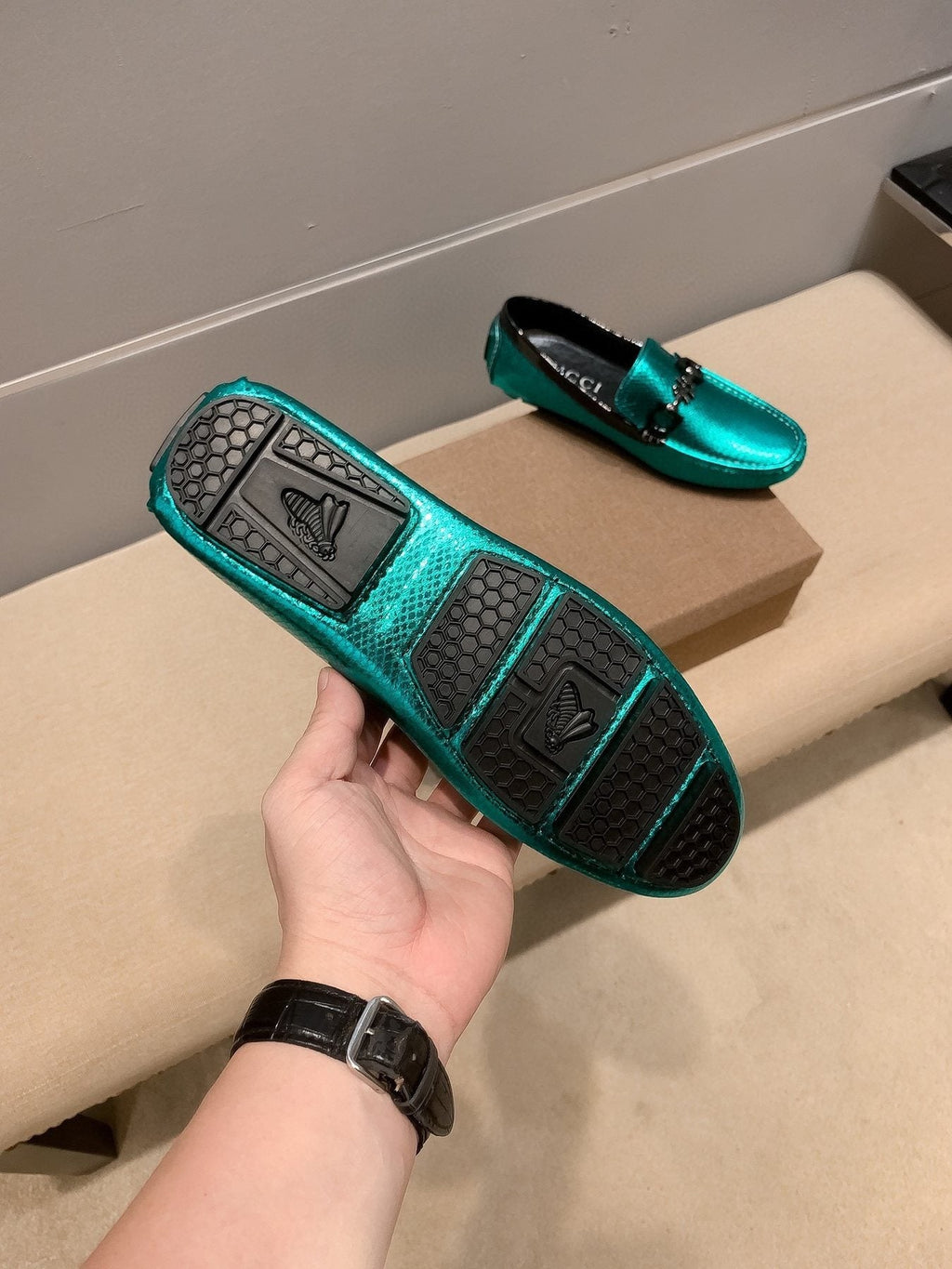 Gucci Metallic Teal Horsebit Loafers — detail