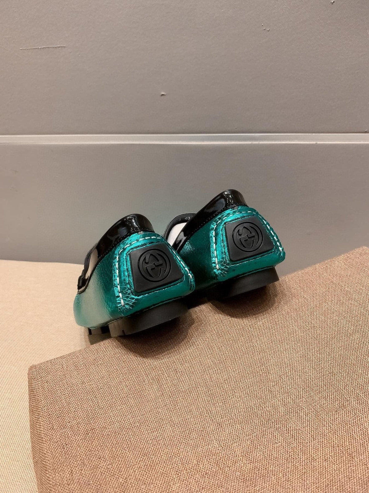 Gucci Metallic Teal Horsebit Loafers — back