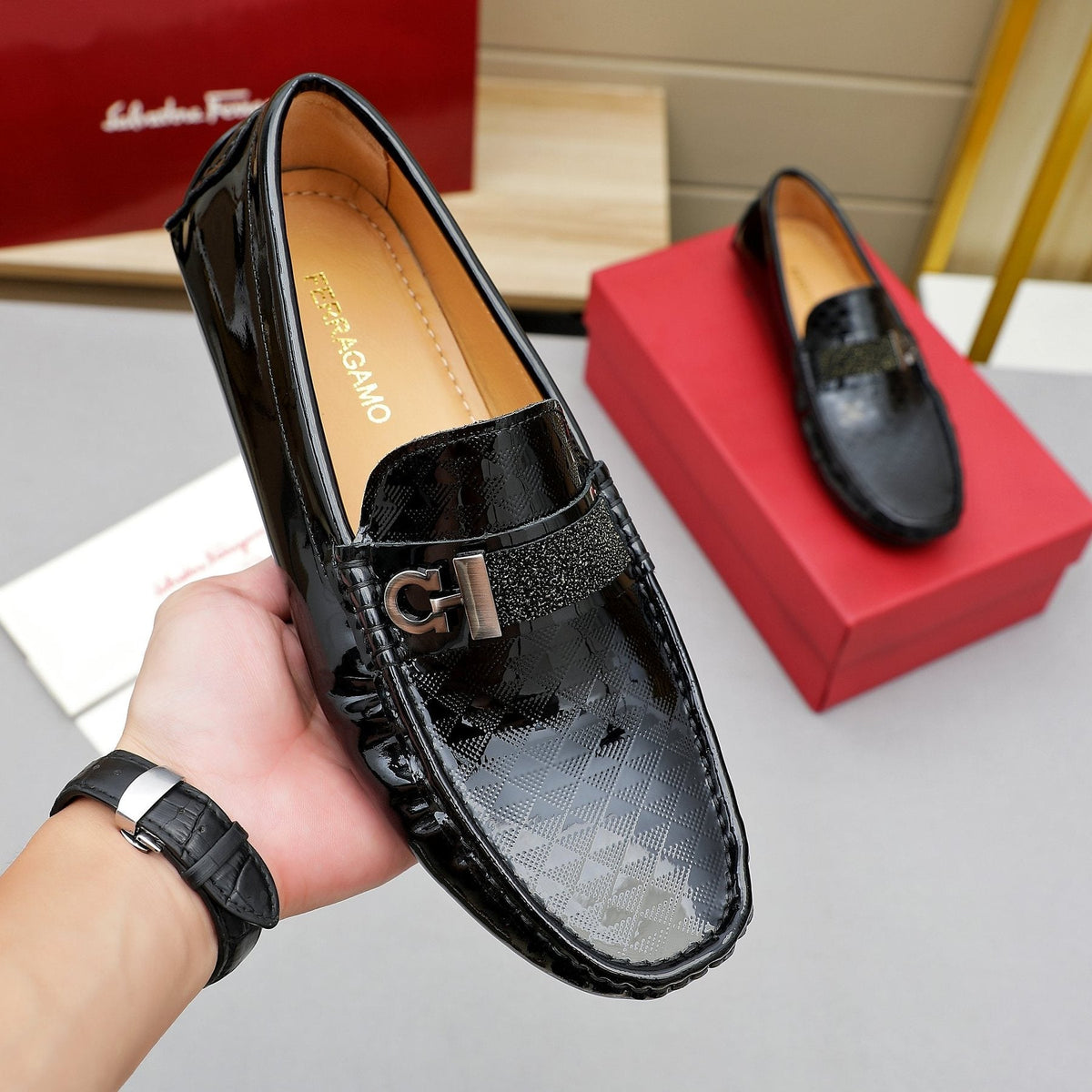 Ferragamo Black Embossed Slip-On Loafers — model