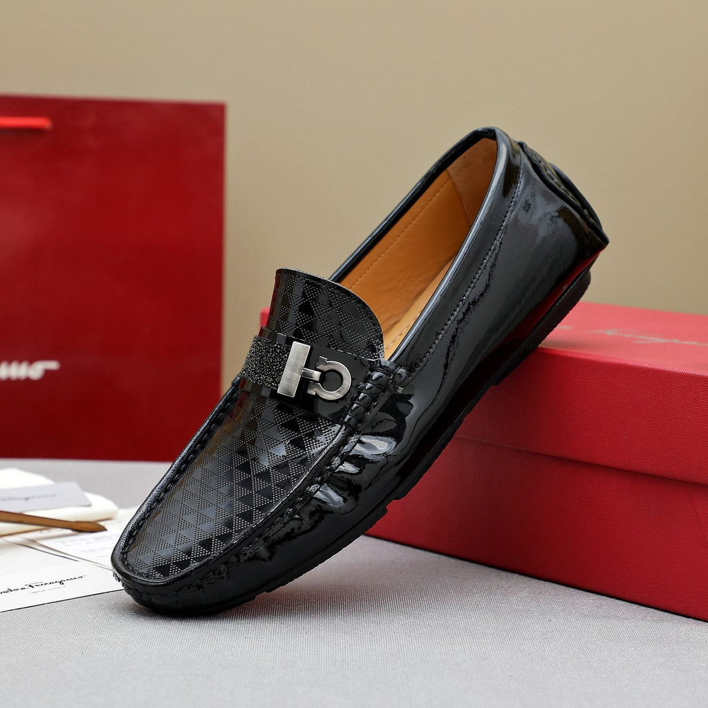 Ferragamo Black Embossed Slip-On Loafers — side