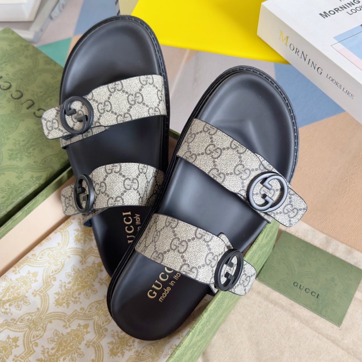 Gucci Monogram Double-Strap Slide Sandals — front