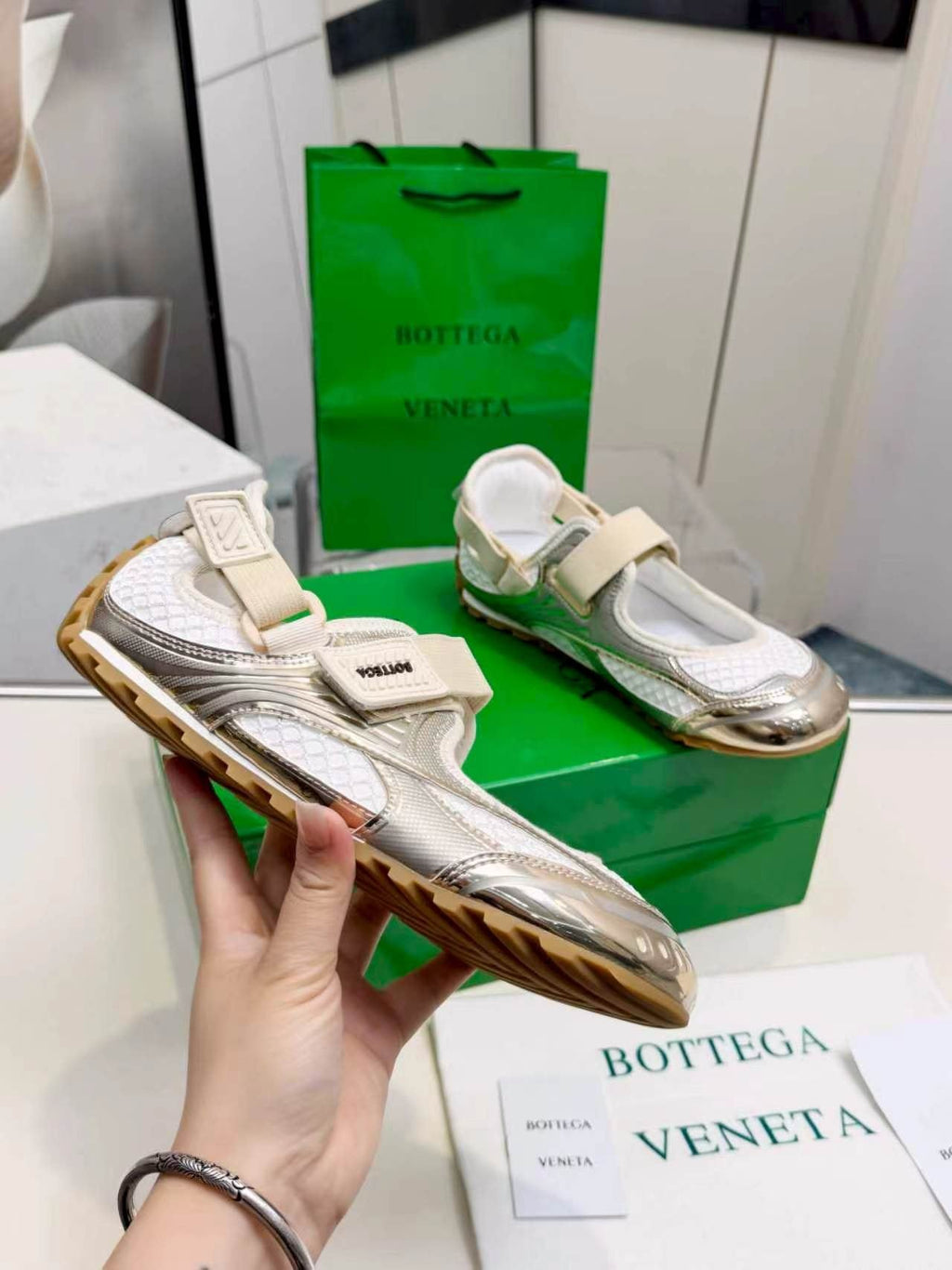 Bottega Veneta White & Silver Strap Low-Top Sneakers — model