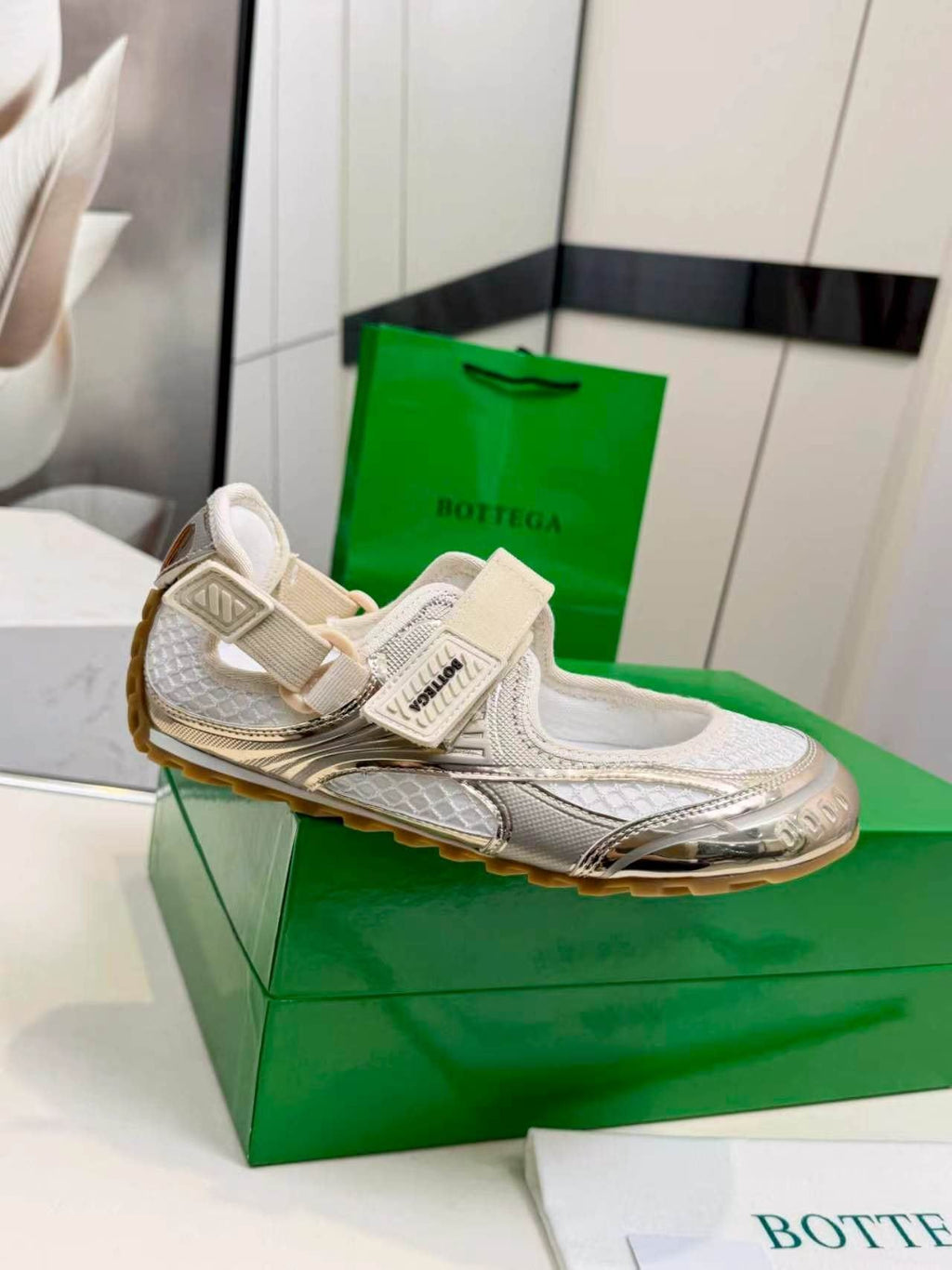Bottega Veneta White & Silver Strap Low-Top Sneakers — side
