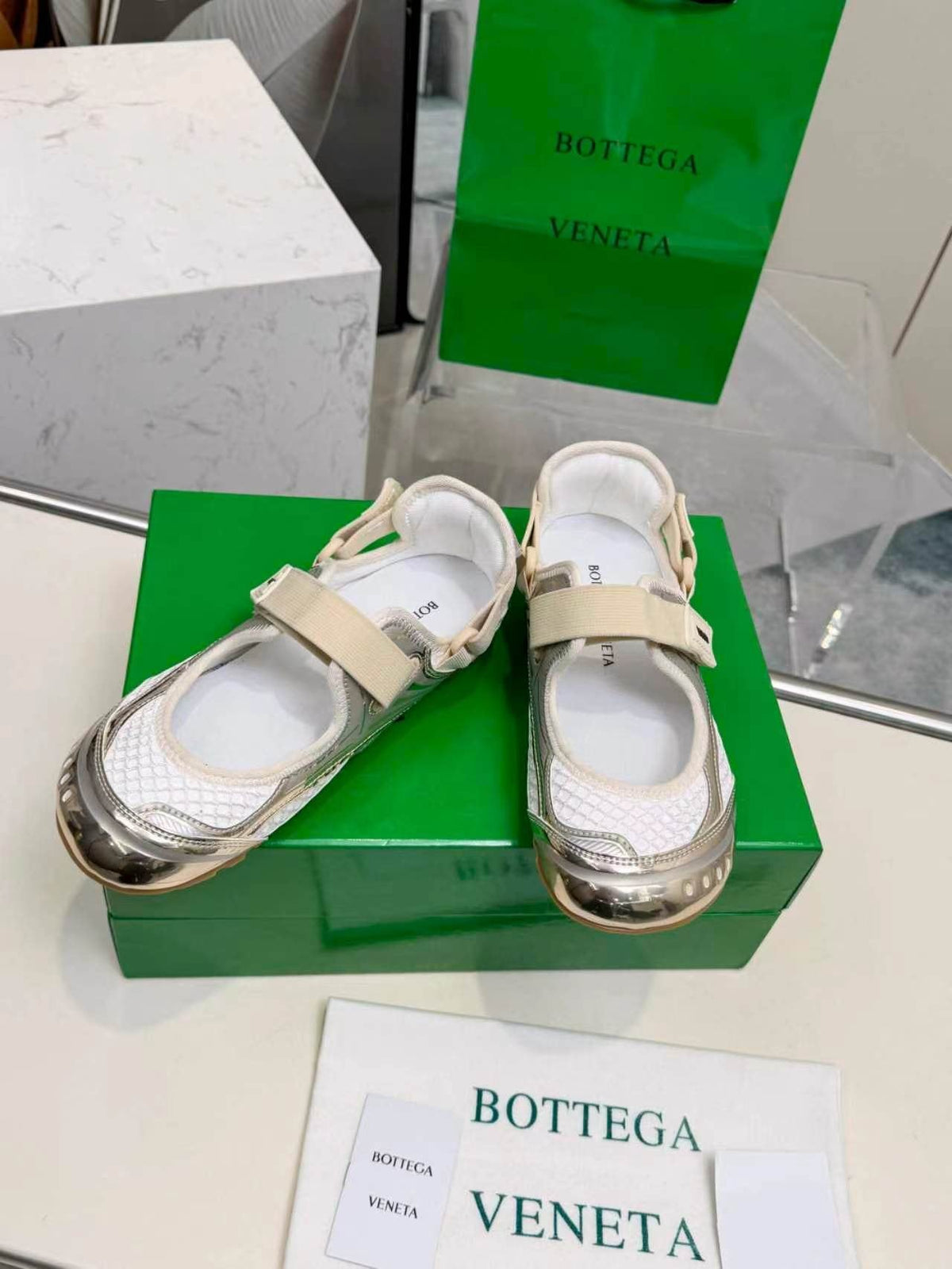 Bottega Veneta White & Silver Strap Low-Top Sneakers — hero