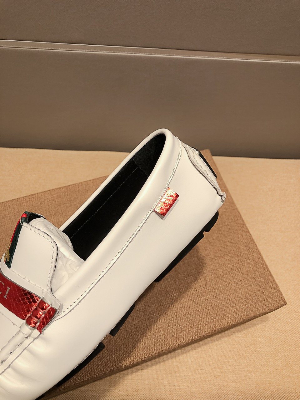 Gucci White Web-Stripe Loafers — detail