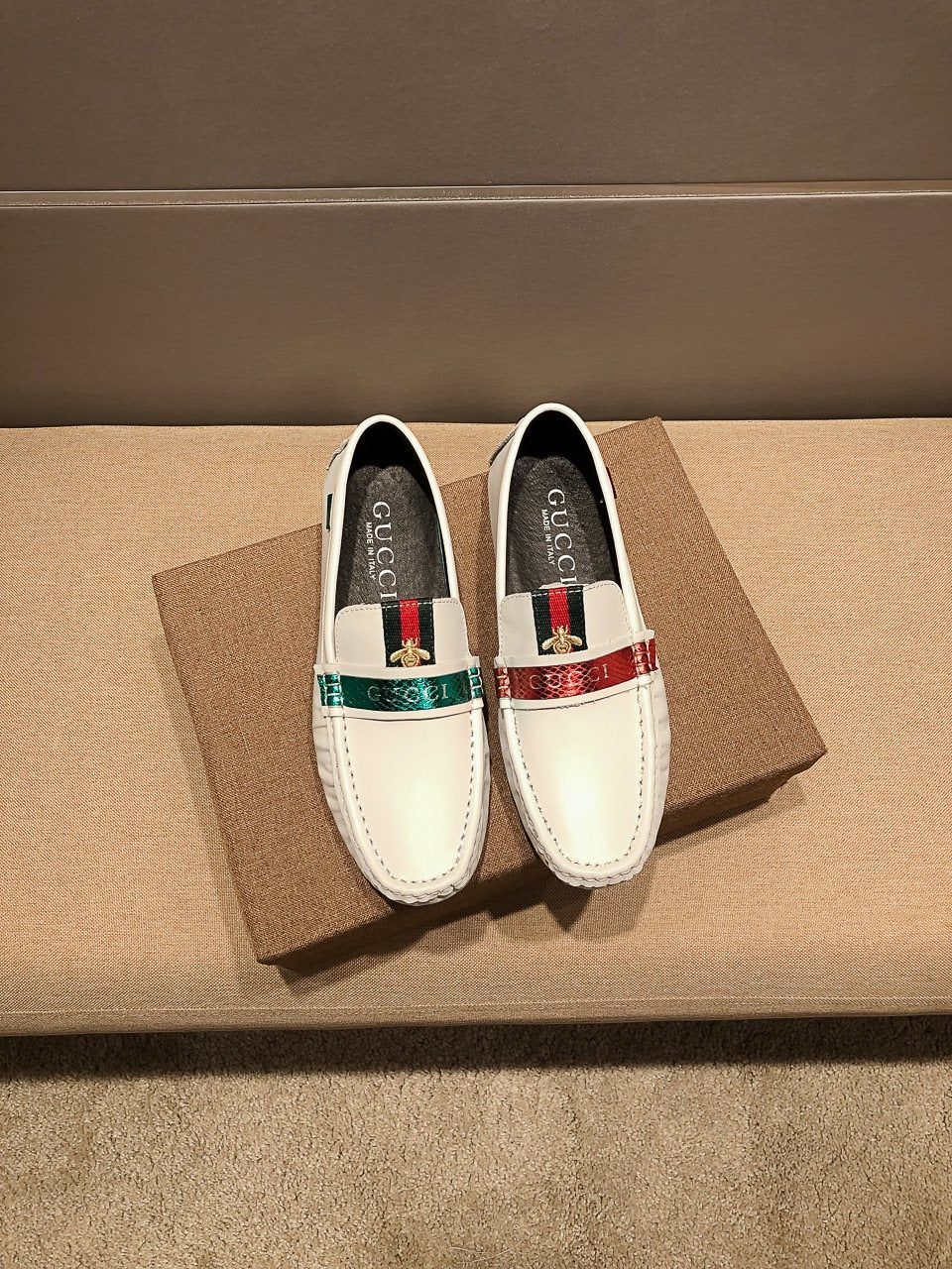 Gucci White Web-Stripe Loafers — hero