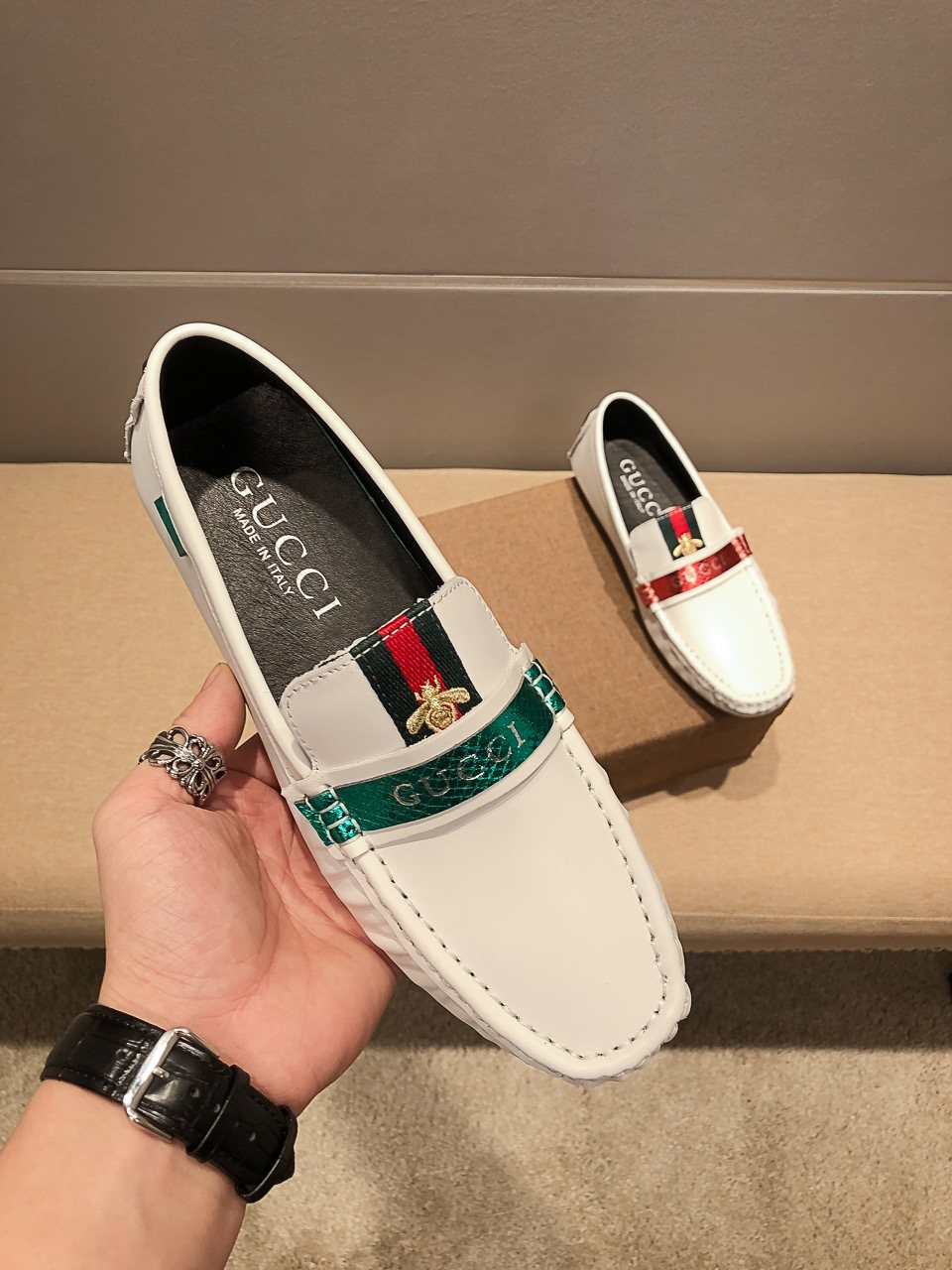 Gucci White Web-Stripe Loafers — front