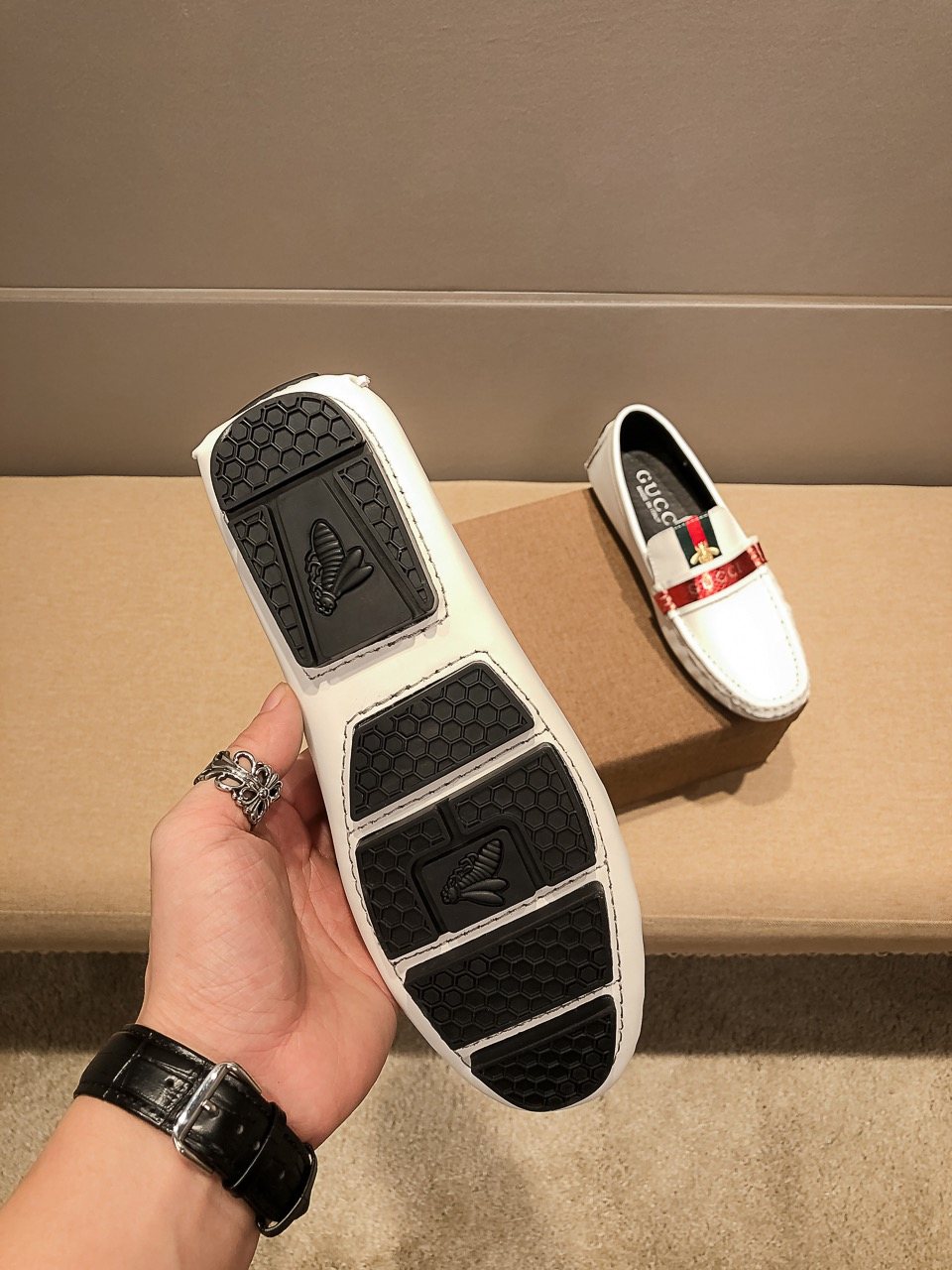 Gucci White Web-Stripe Loafers — detail