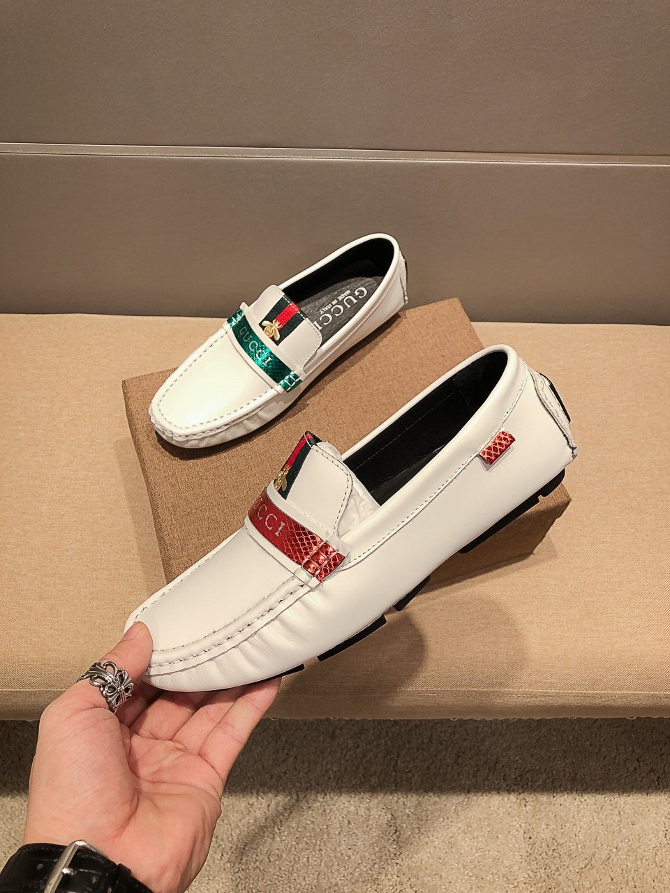 Gucci White Web-Stripe Loafers — front