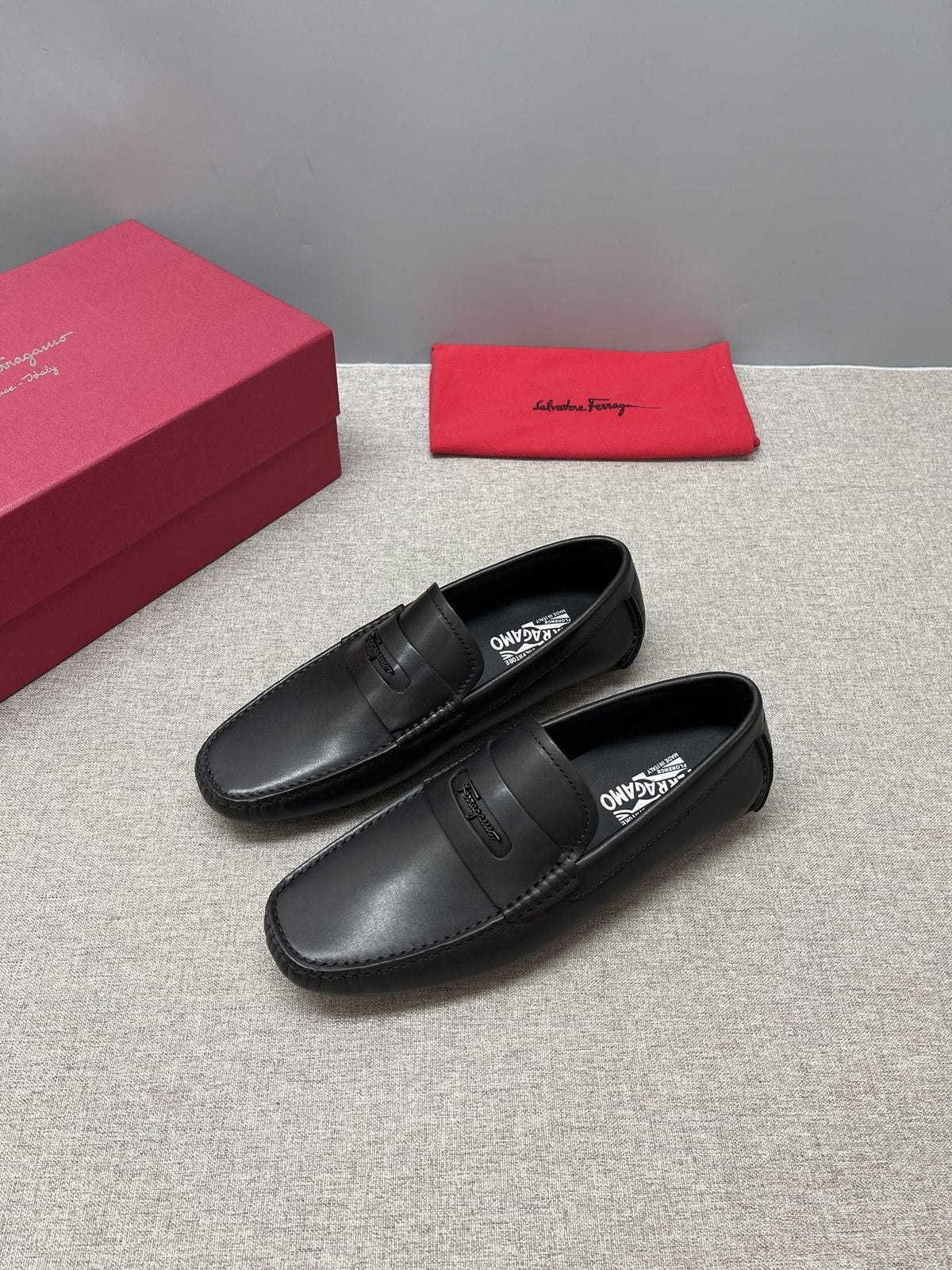 Ferragamo Black Leather Driving Loafers — side