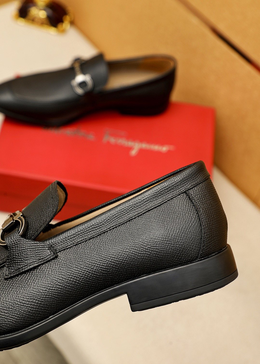 Black Textured Buckle Slip-On Loafers — detail