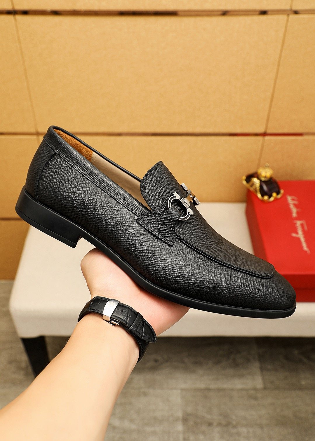 Black Textured Buckle Slip-On Loafers — model