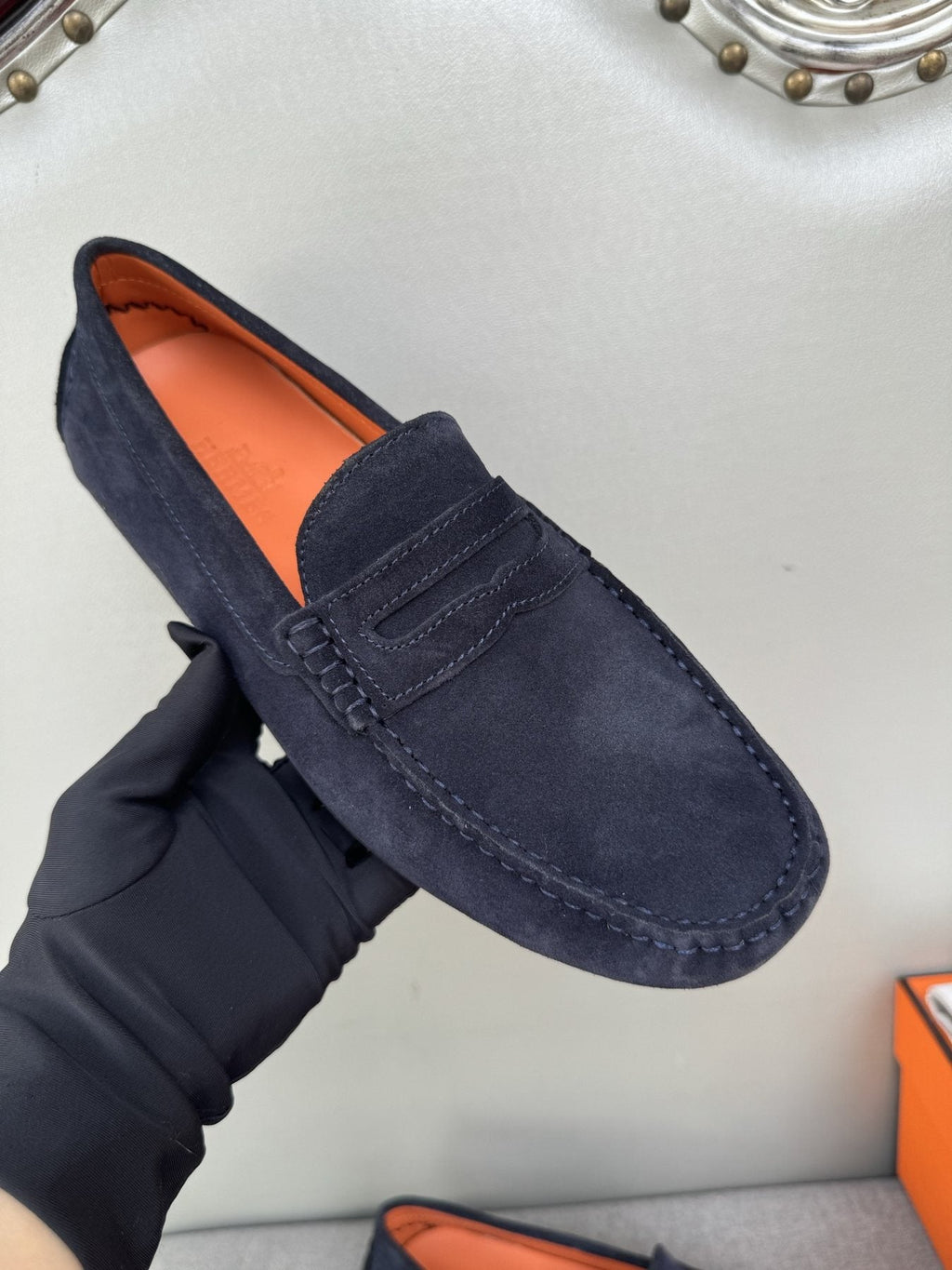 Hermès Navy Suede Driving Loafers — front