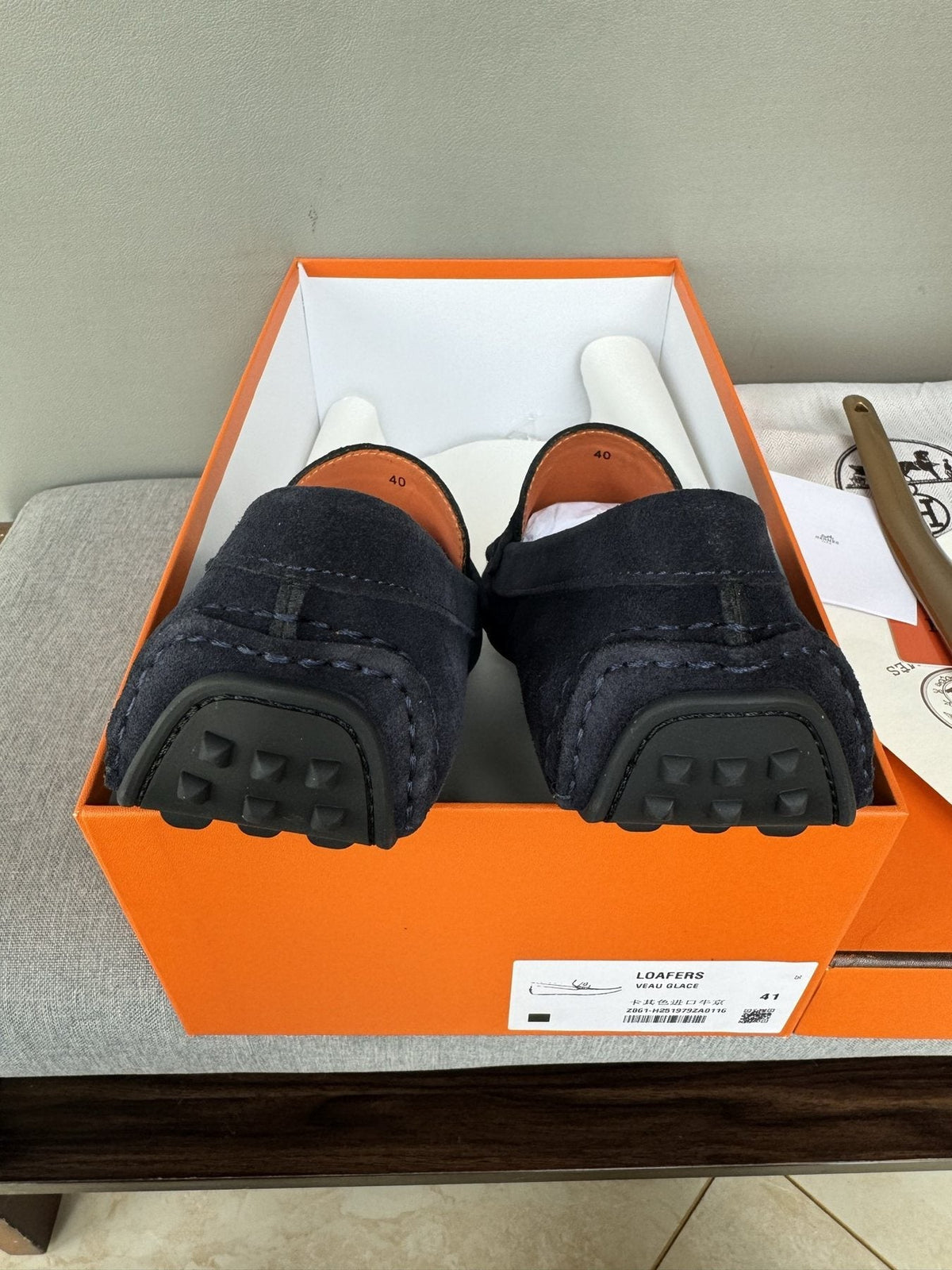Hermès Navy Suede Driving Loafers — detail
