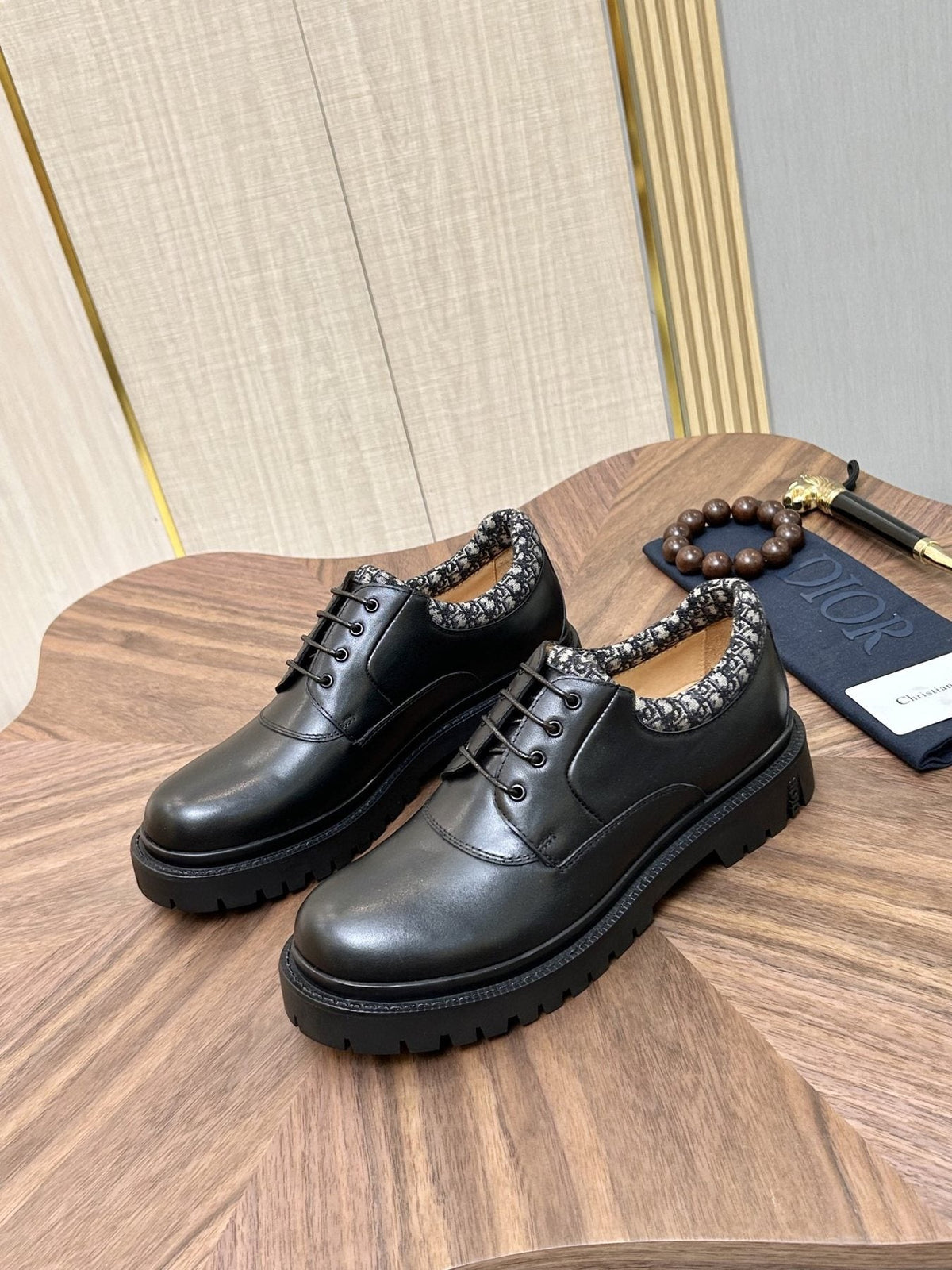 Dior Black Patterned-Collar Lace-Up Shoes — front