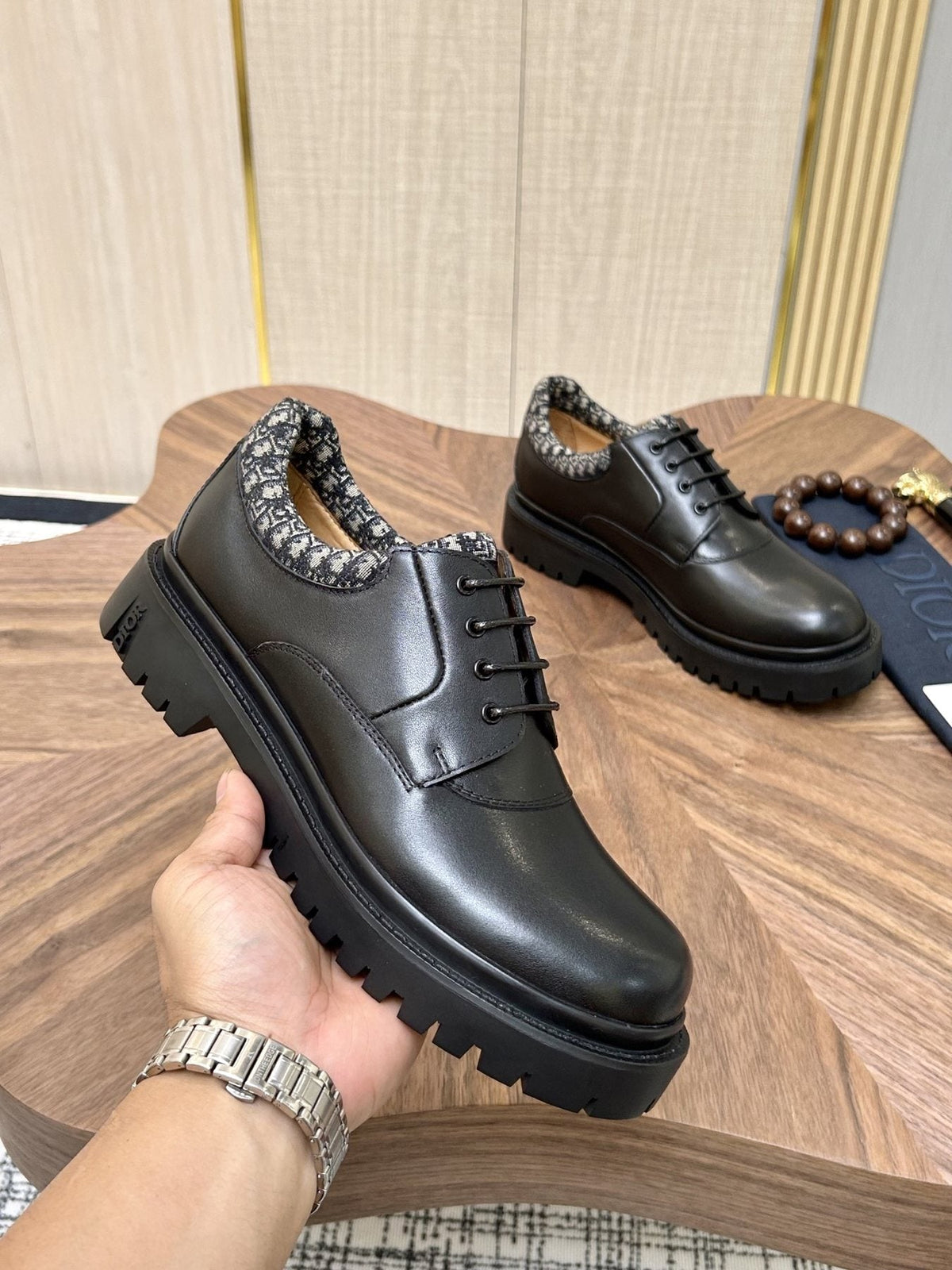 Dior Black Patterned-Collar Lace-Up Shoes — side