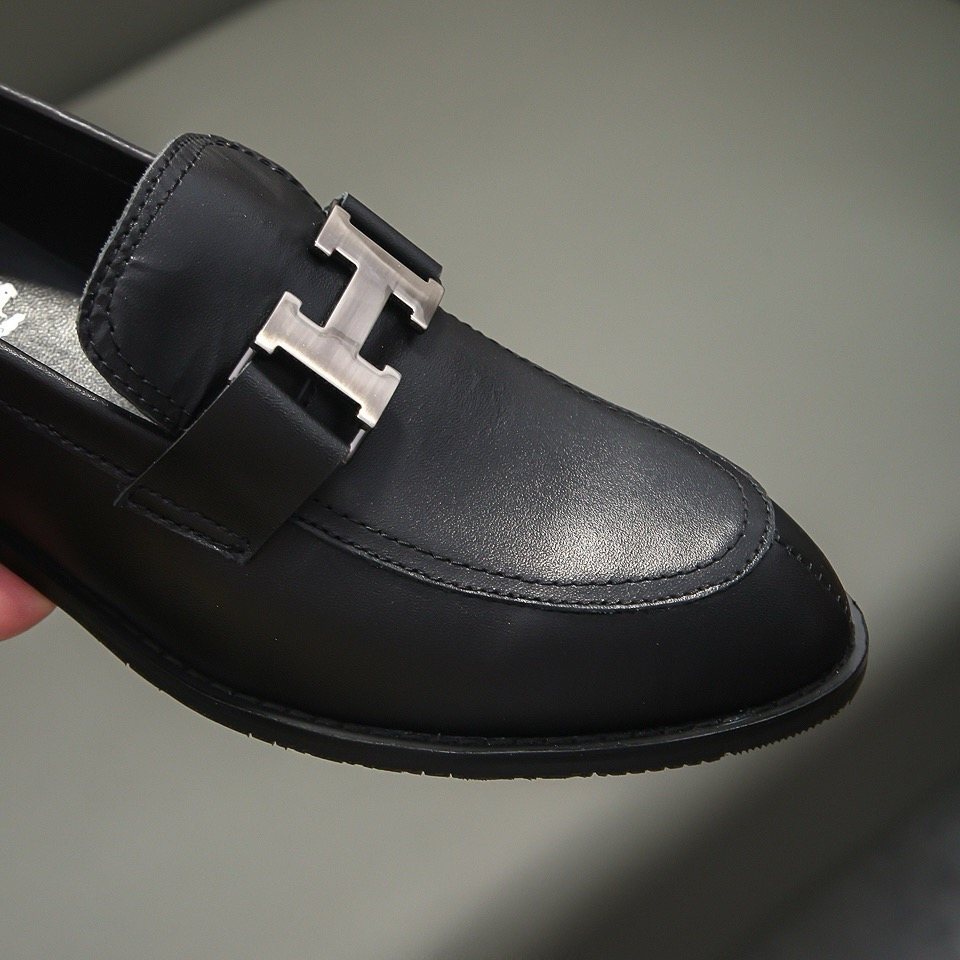 Hermès Black H-Buckle Loafers — detail